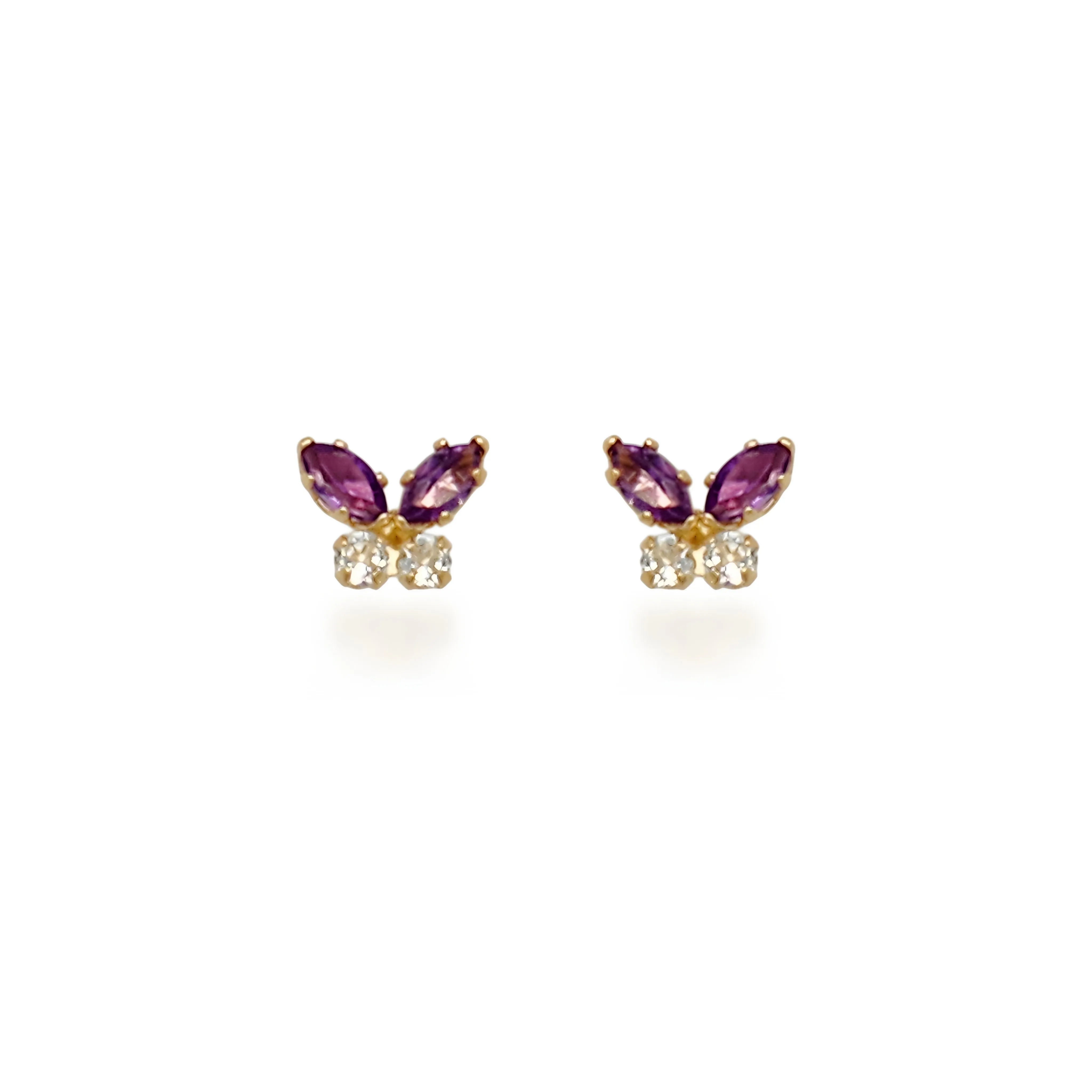 14K Gold Amethyst and White Topaz Butterfly Stud Earrings