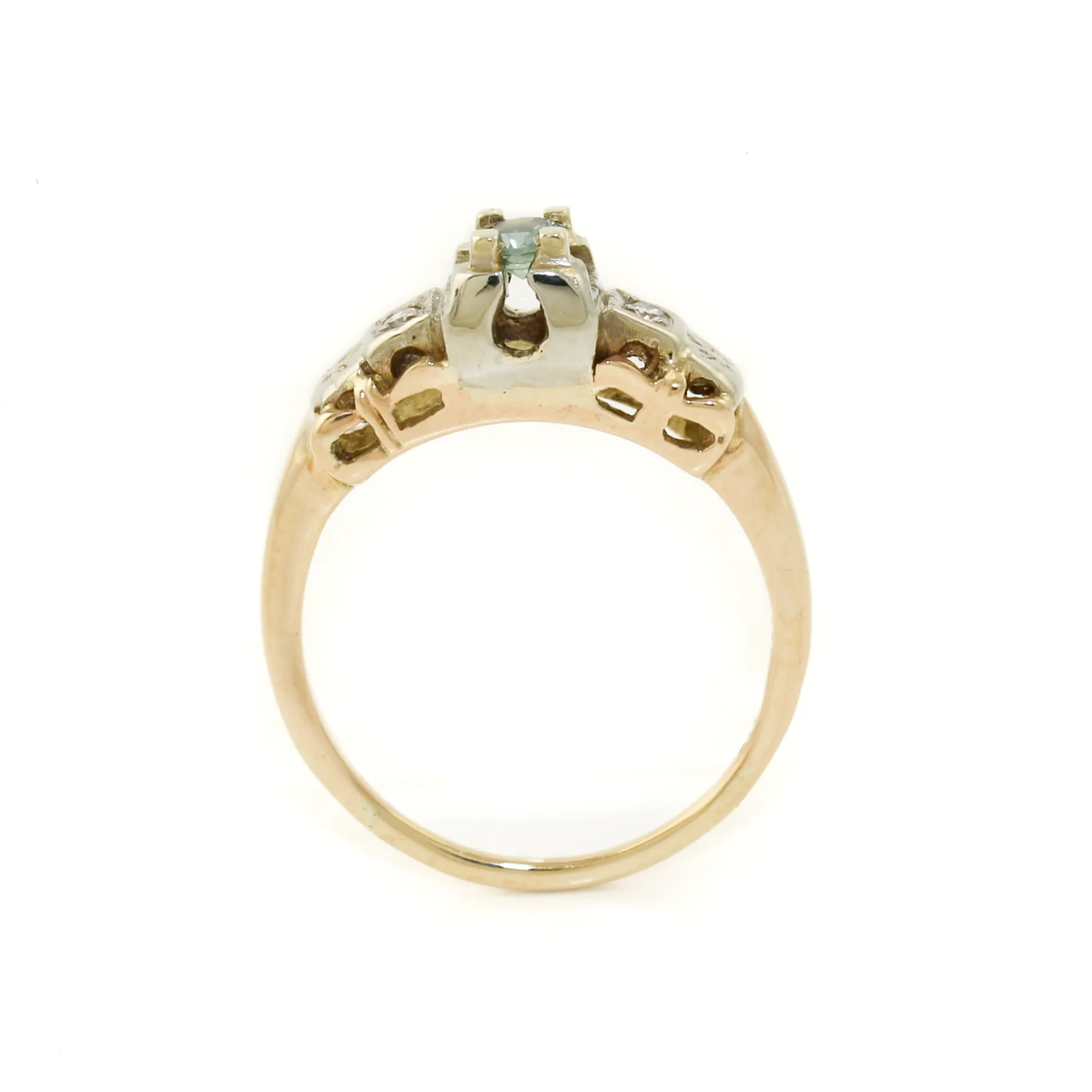 14k Two Tone x Antique Blue Topaz & Diamond Art-Deco Ring
