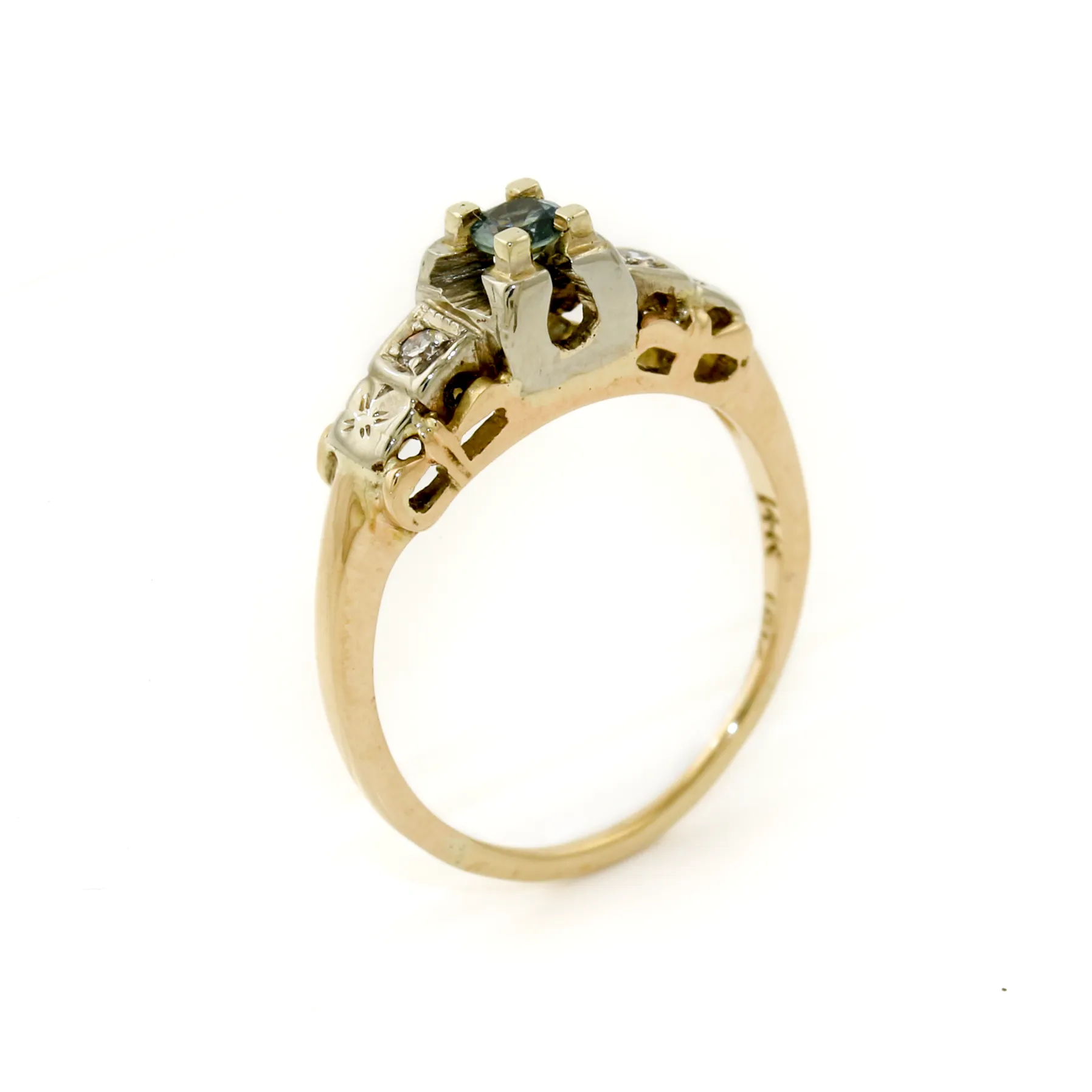14k Two Tone x Antique Blue Topaz & Diamond Art-Deco Ring