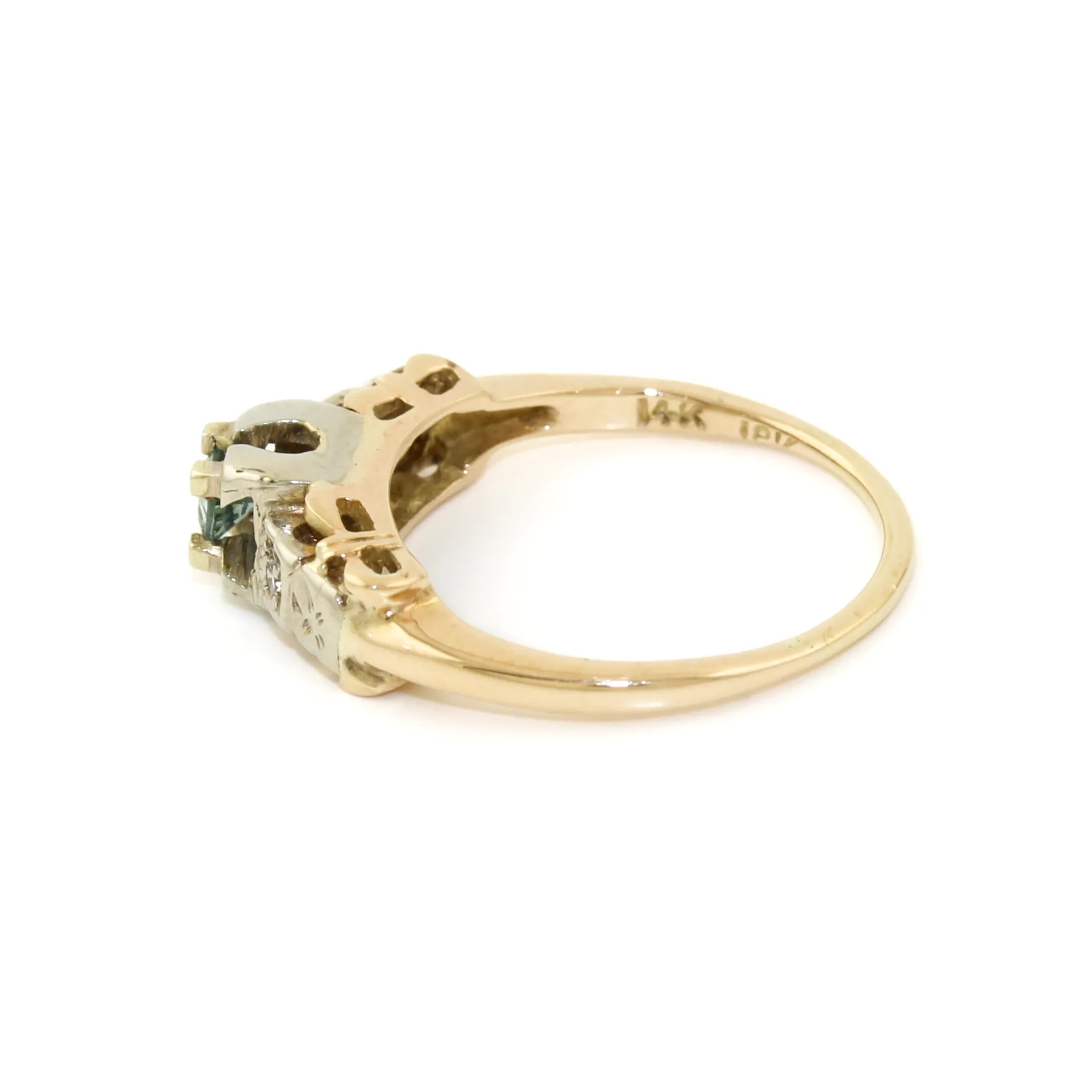 14k Two Tone x Antique Blue Topaz & Diamond Art-Deco Ring