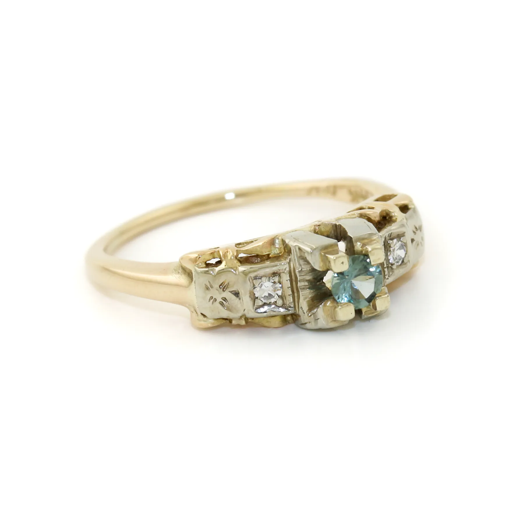 14k Two Tone x Antique Blue Topaz & Diamond Art-Deco Ring