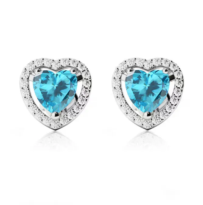 18k White Gold Plated 1/2 Ct Created Halo Heart Blue Topaz Stud Earrings