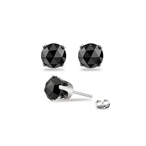 2.00 Cts 5.73-5.95mm AA Round Rose Cut Black Diamond Stud Earrings in 14K White Gold {DIAMOND APPRAISAL INCLUDED}