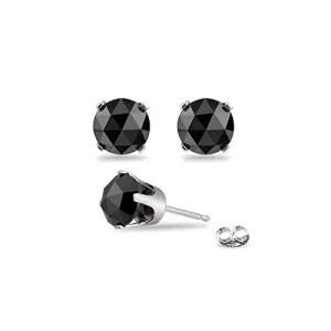 2.00 Cts 5.73-5.95mm AA Round Rose Cut Black Diamond Stud Earrings in 14K White Gold {DIAMOND APPRAISAL INCLUDED}