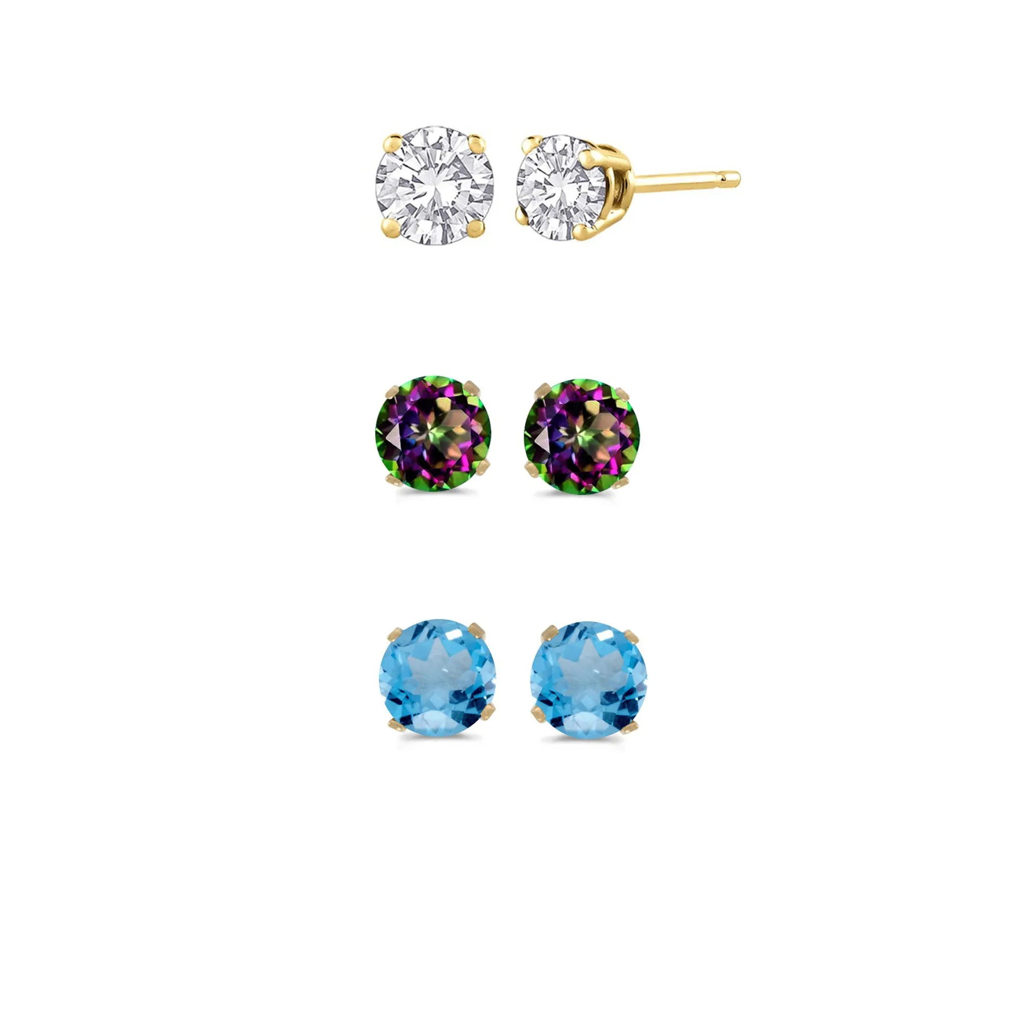24k Yellow Gold 2Ct Created White Sapphire, Mystic Topaz and Blue Topaz 3 Pair Round Stud Earrings Plated