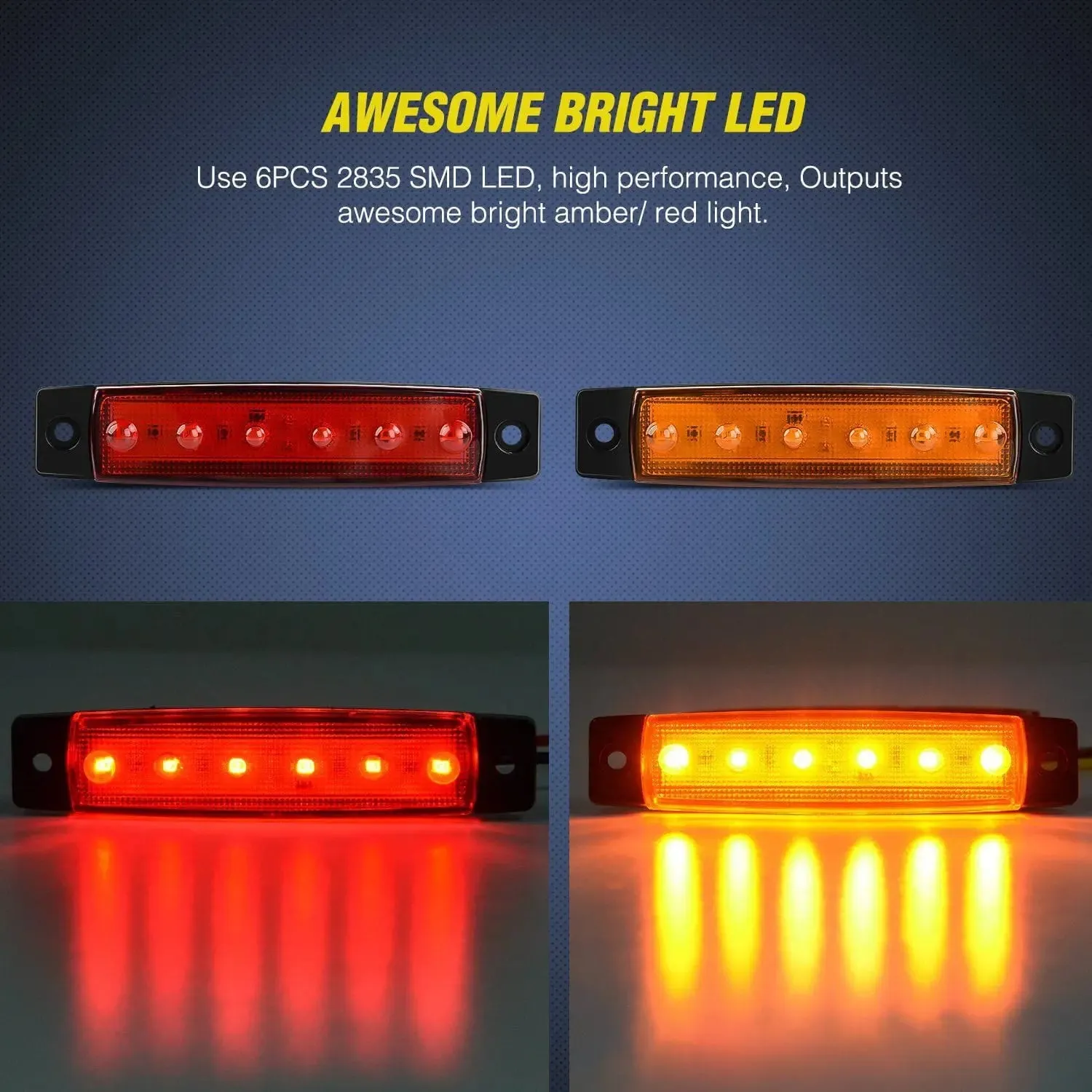 3.8 Inch 6 LEDs Red Amber Side Marker Lights (10 Pcs)