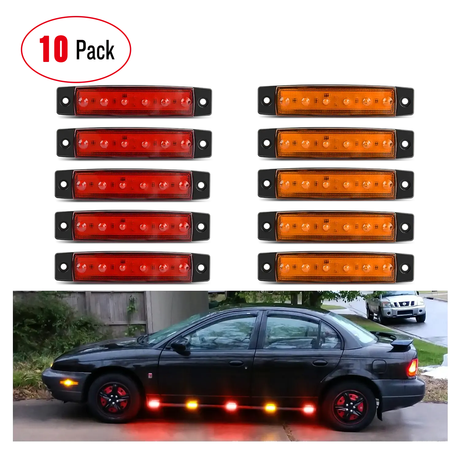 3.8 Inch 6 LEDs Red Amber Side Marker Lights (10 Pcs)