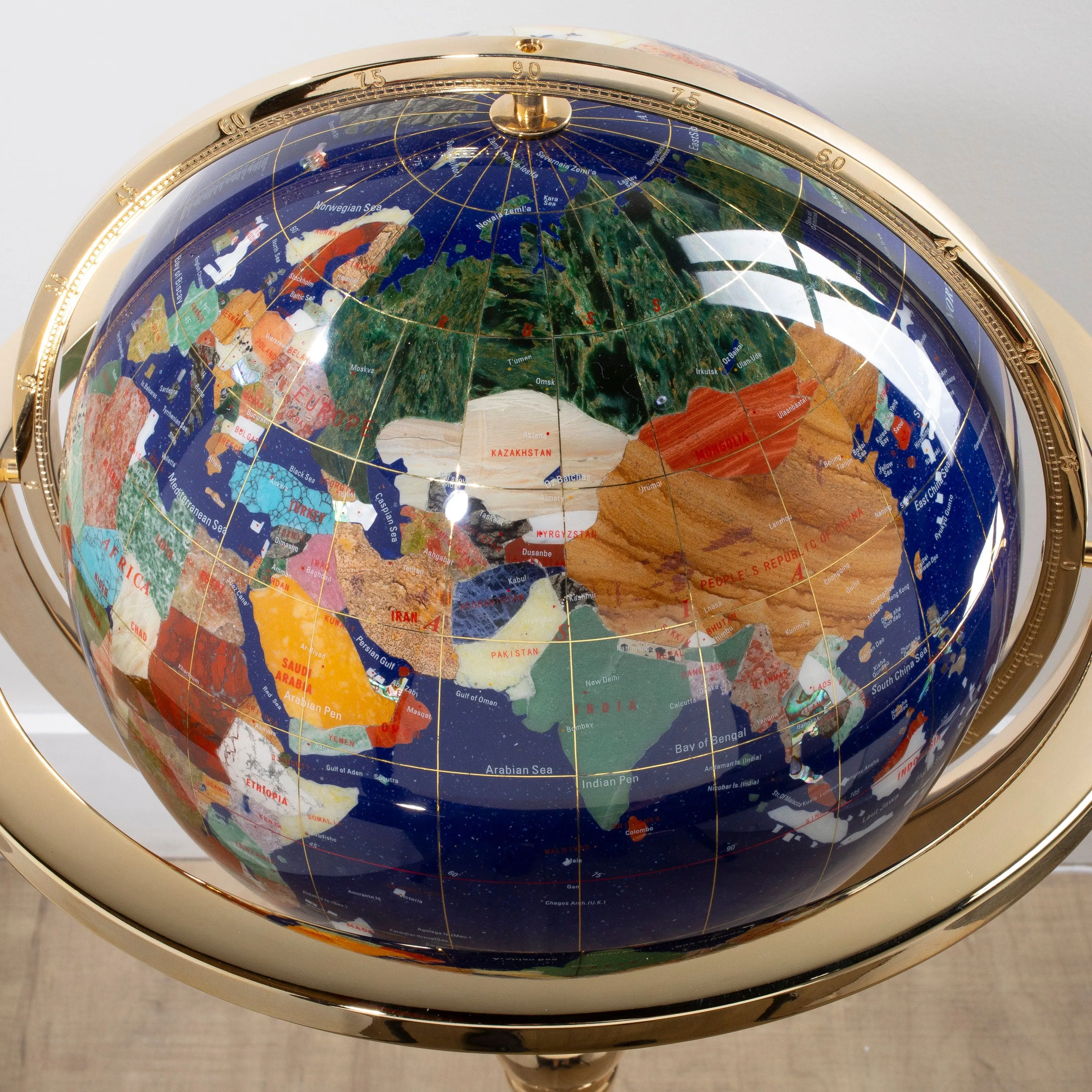 39" Tall Gemstone Globe with 13" Lapis Ocean on 24k Gold Plated Octagon Stand