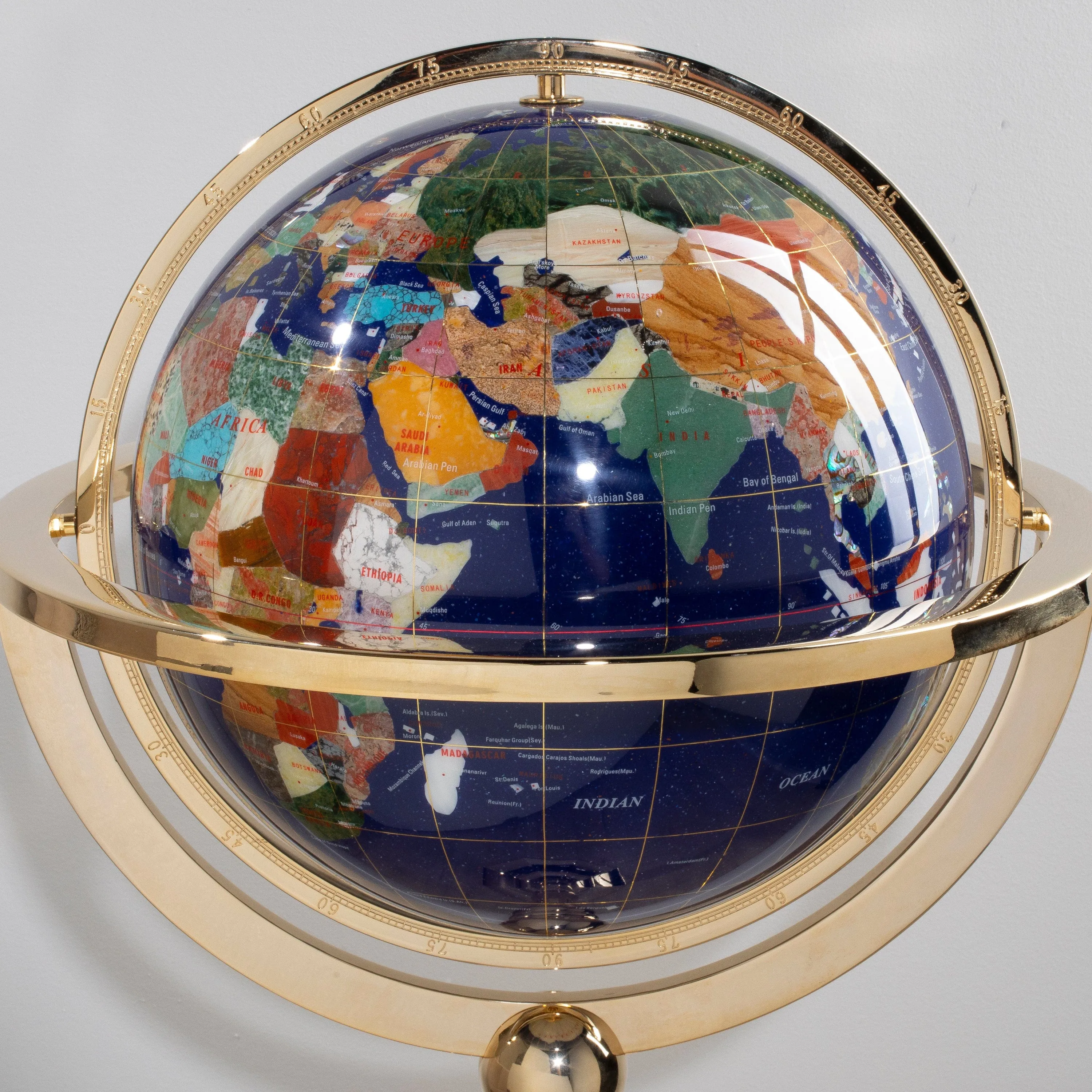 39" Tall Gemstone Globe with 13" Lapis Ocean on 24k Gold Plated Octagon Stand