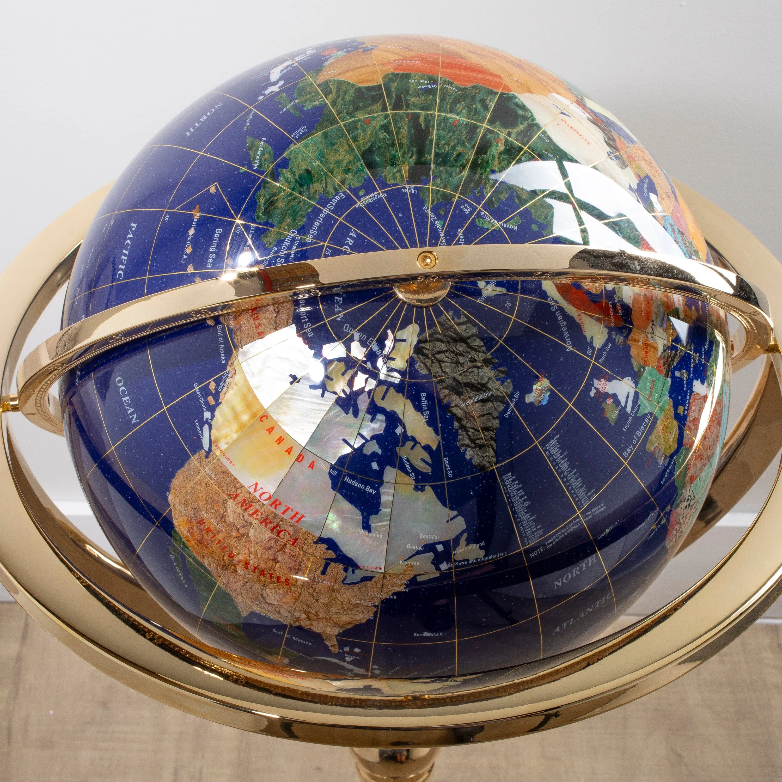 39" Tall Gemstone Globe with 13" Lapis Ocean on 24k Gold Plated Octagon Stand