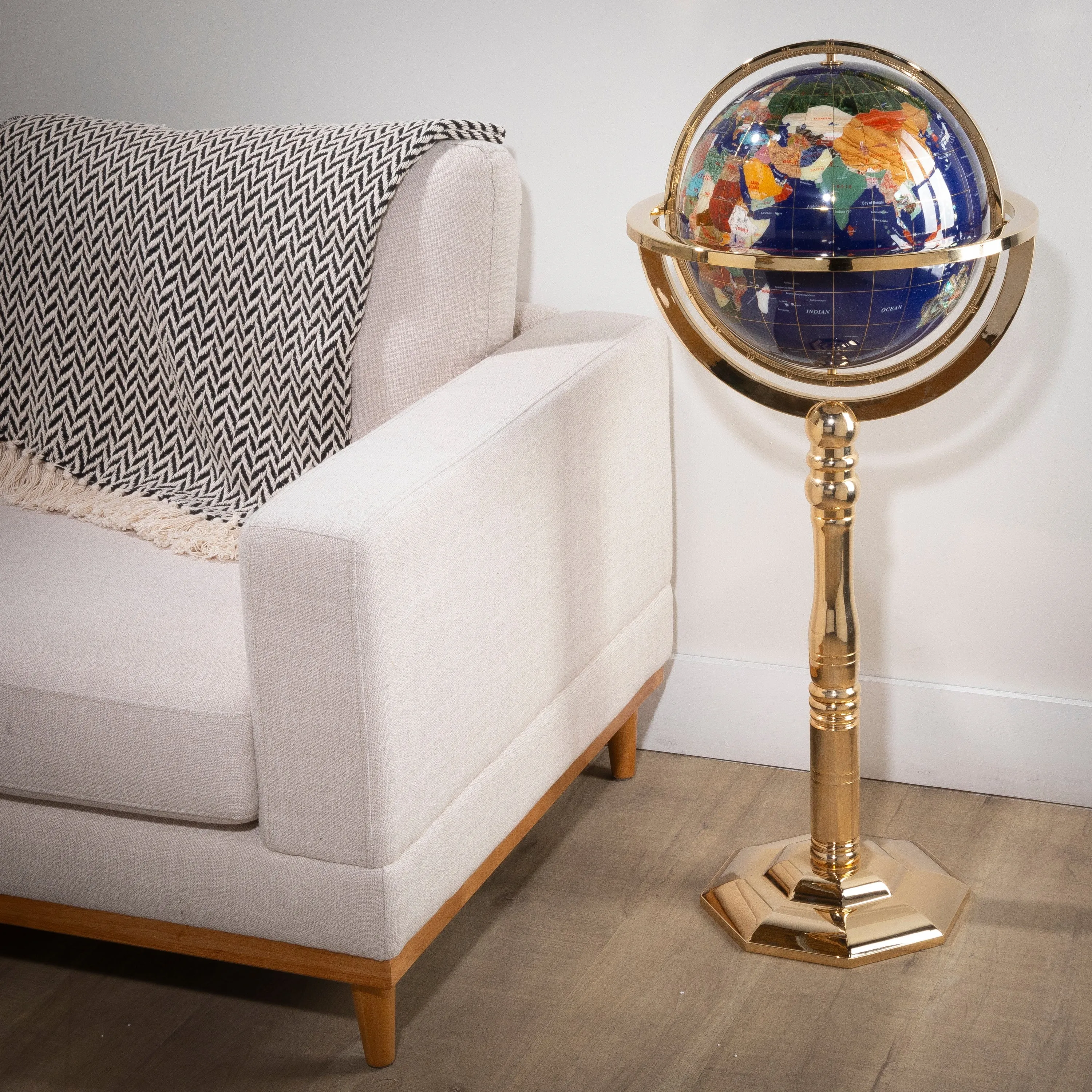 39" Tall Gemstone Globe with 13" Lapis Ocean on 24k Gold Plated Octagon Stand
