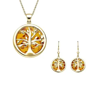 9ct Yellow Gold Amber Medium Round Tree of Life Two Piece Set