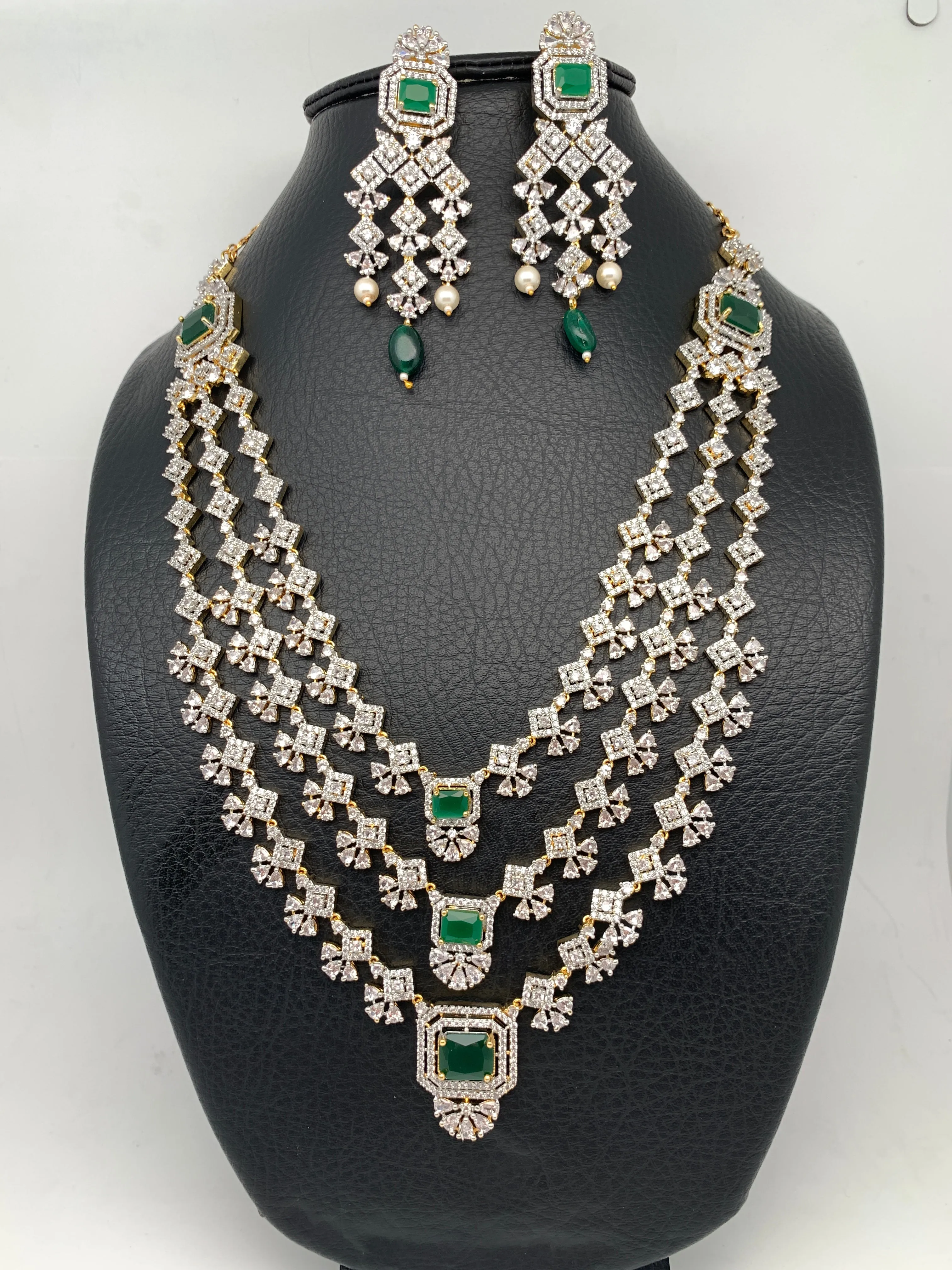 AD Emerald Green Stone Multi Layer Long Necklace