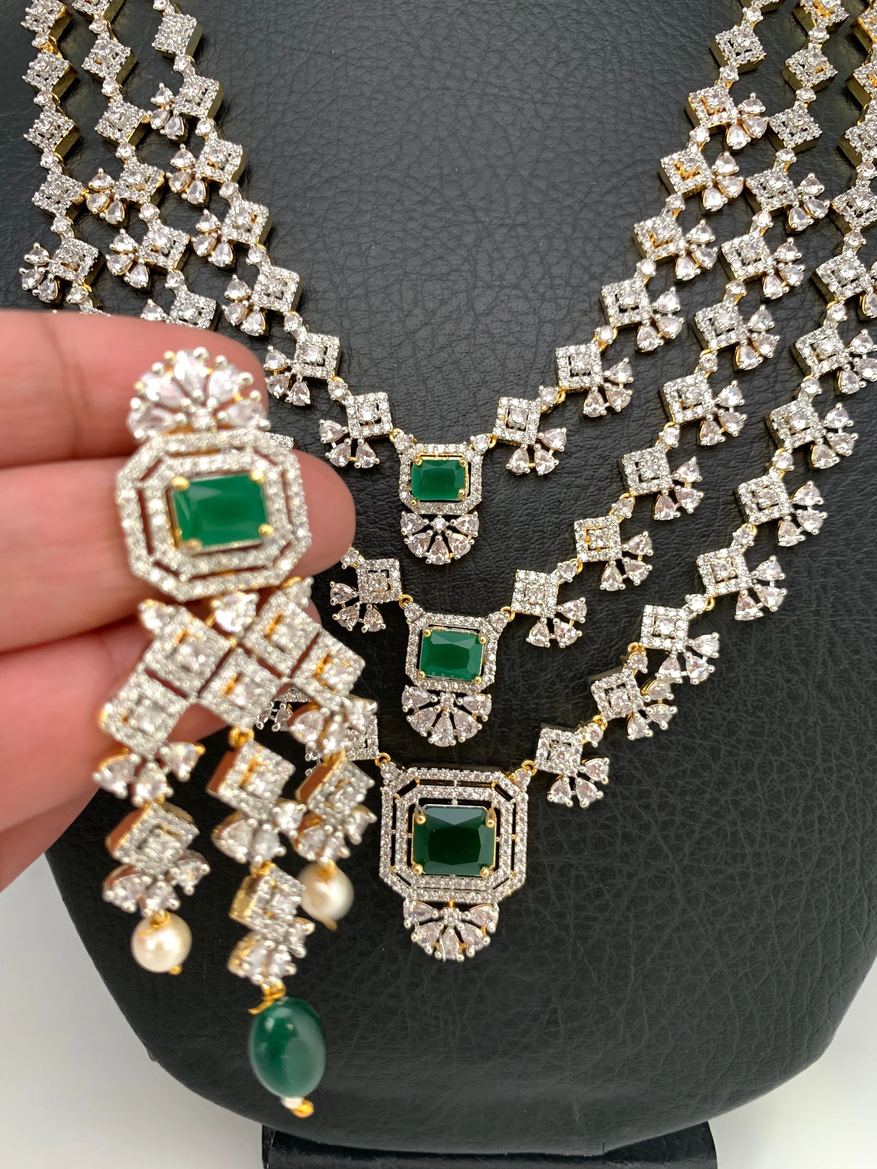 AD Emerald Green Stone Multi Layer Long Necklace