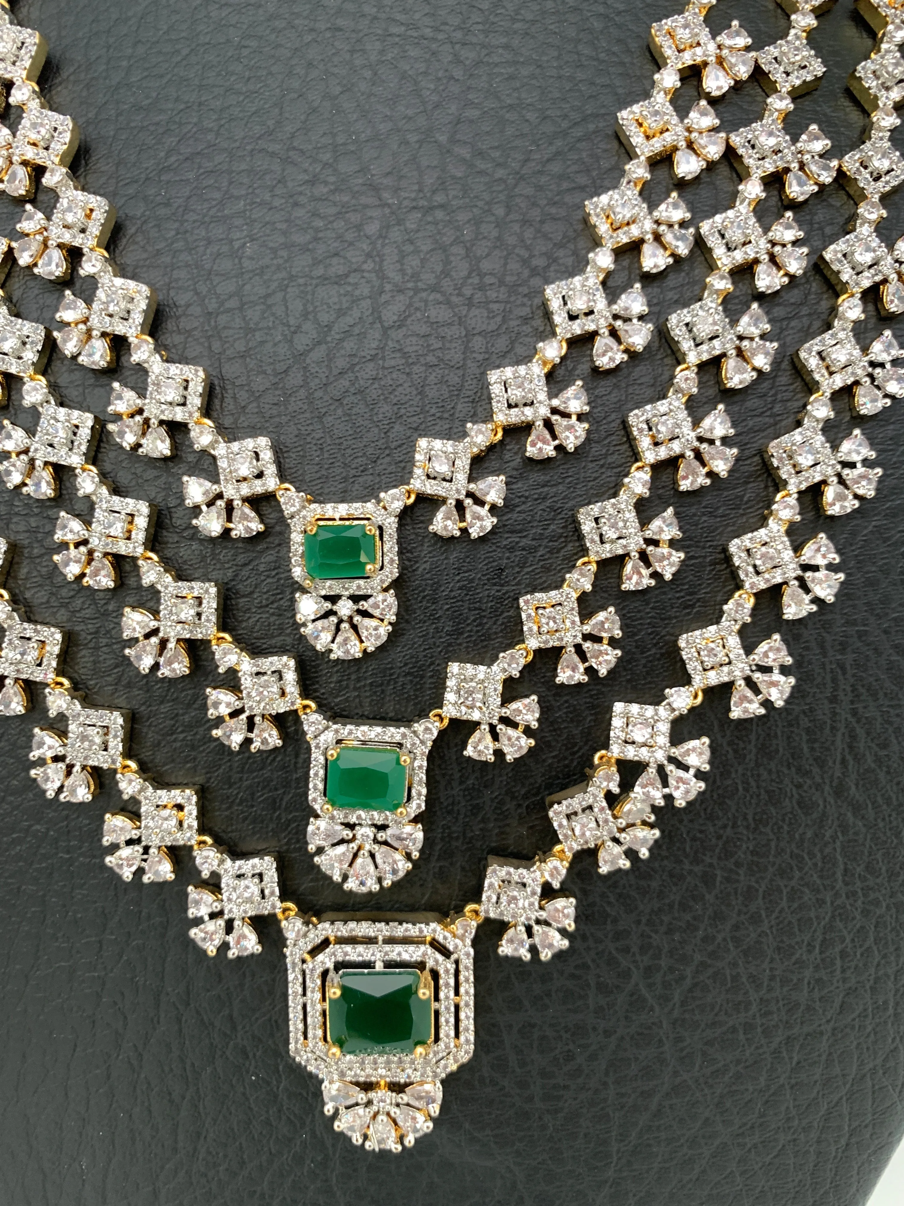 AD Emerald Green Stone Multi Layer Long Necklace