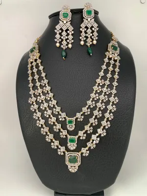 AD Emerald Green Stone Multi Layer Long Necklace