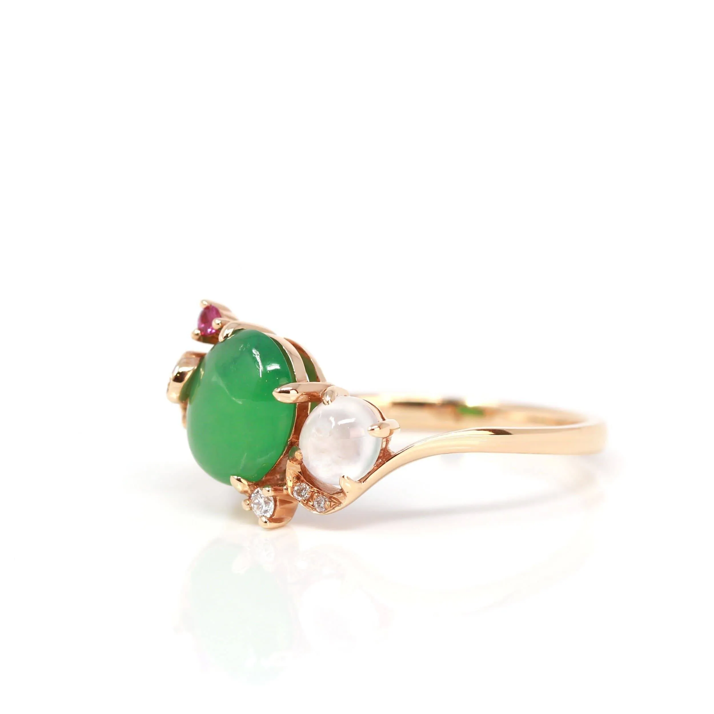 Baikalla™ "Karla" 18k Rose Gold Natural Imperial Jadeite Engagement Ring With Rubies & Diamonds