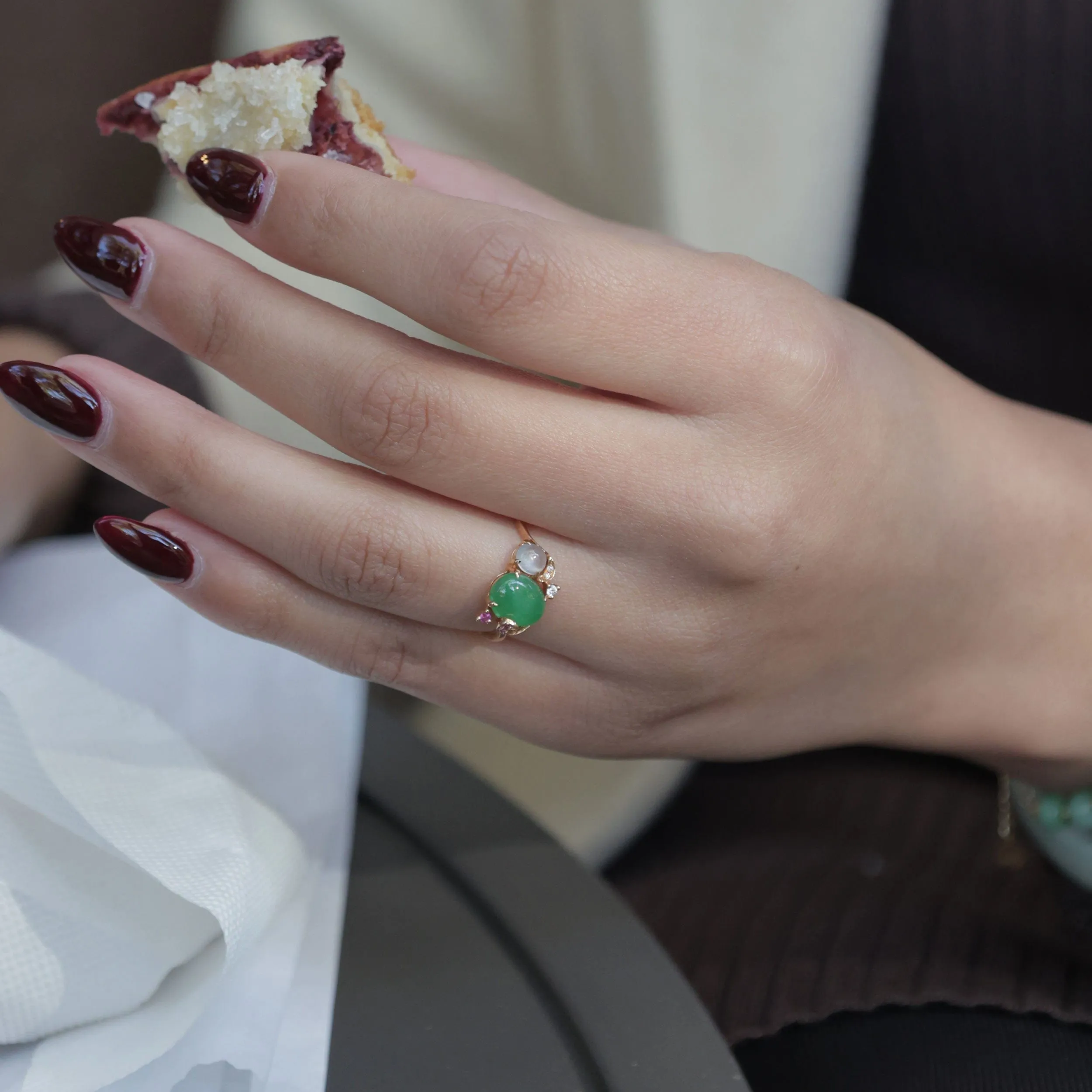 Baikalla™ "Karla" 18k Rose Gold Natural Imperial Jadeite Engagement Ring With Rubies & Diamonds