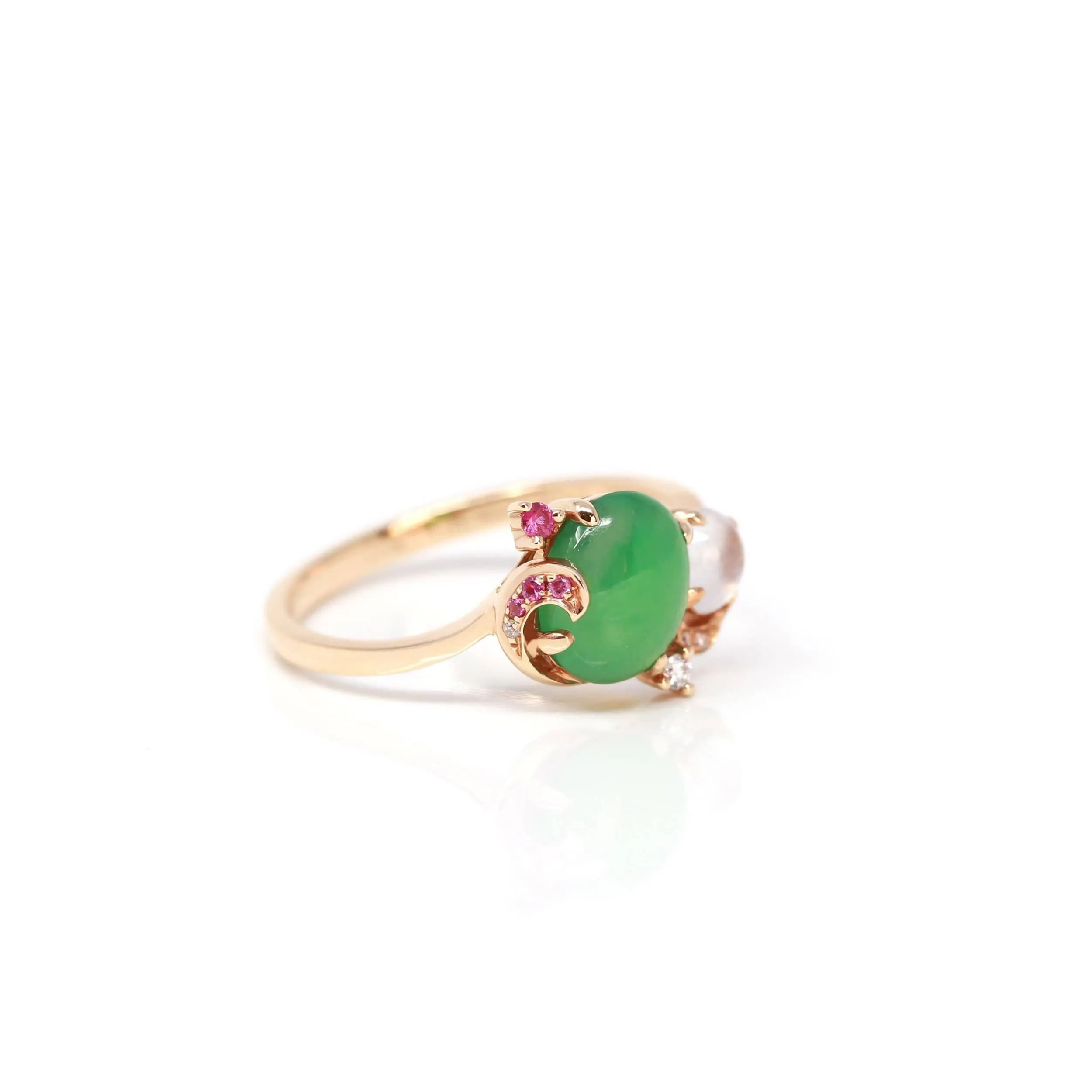 Baikalla™ "Karla" 18k Rose Gold Natural Imperial Jadeite Engagement Ring With Rubies & Diamonds