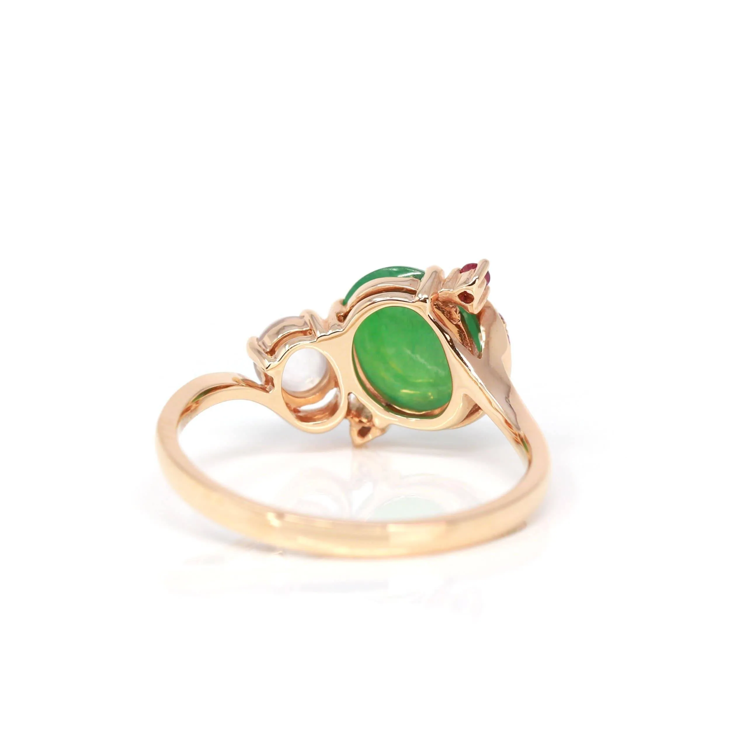 Baikalla™ "Karla" 18k Rose Gold Natural Imperial Jadeite Engagement Ring With Rubies & Diamonds