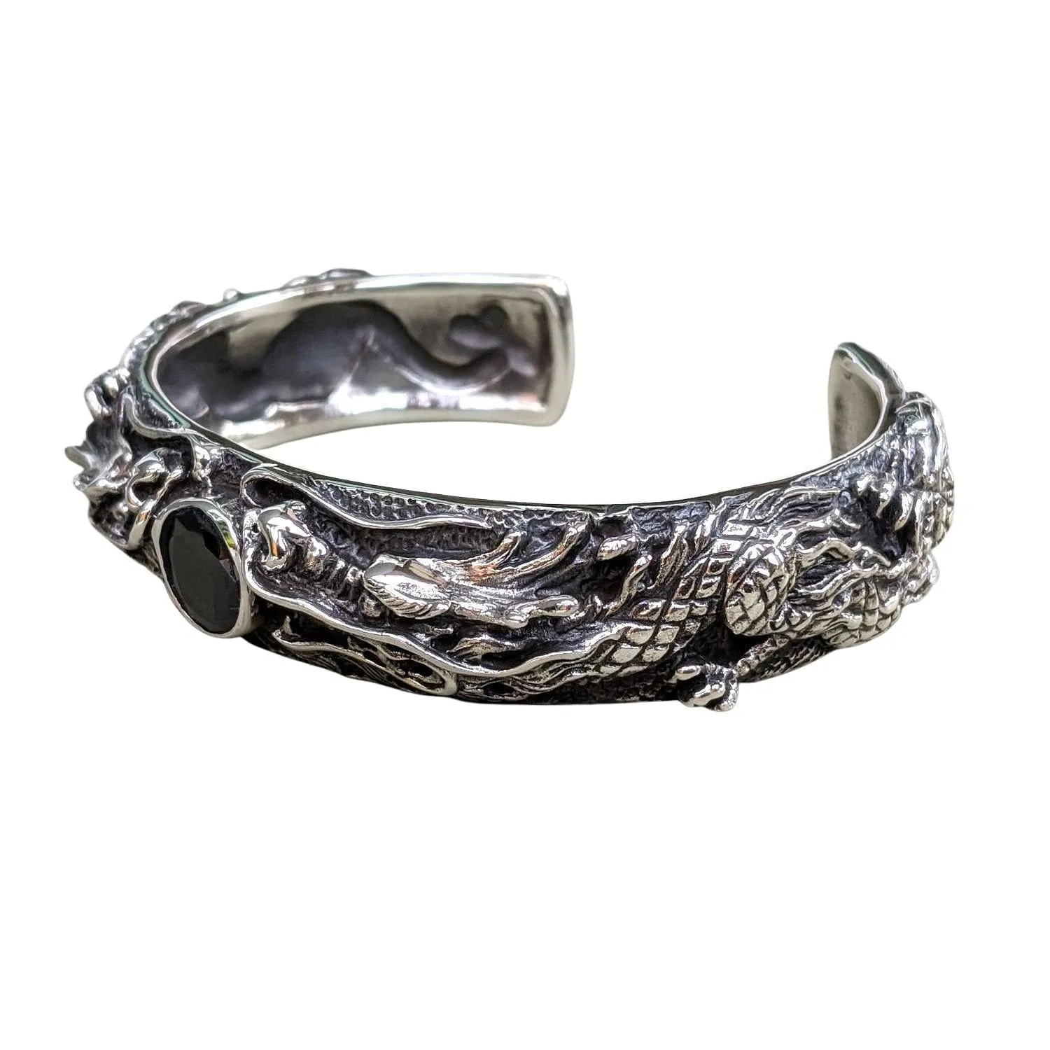 Black Onxy Sterling Silver Dragon Men's Cuff Bracelet