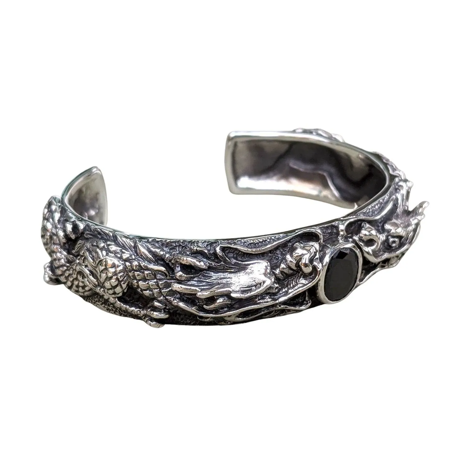 Black Onxy Sterling Silver Dragon Men's Cuff Bracelet