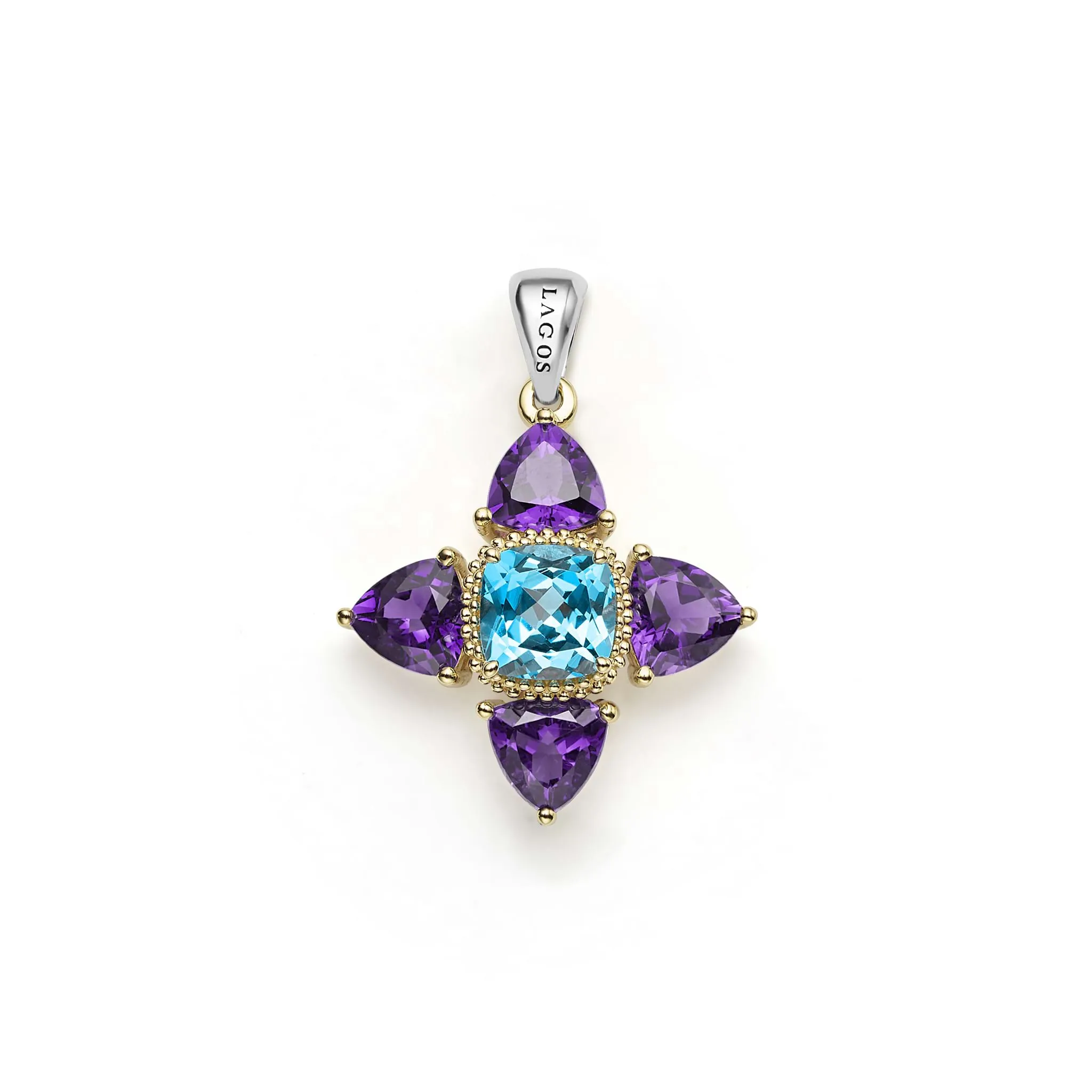 Caviar Color Two-Tone Amethyst and Swiss Blue Topaz Floral Pendant