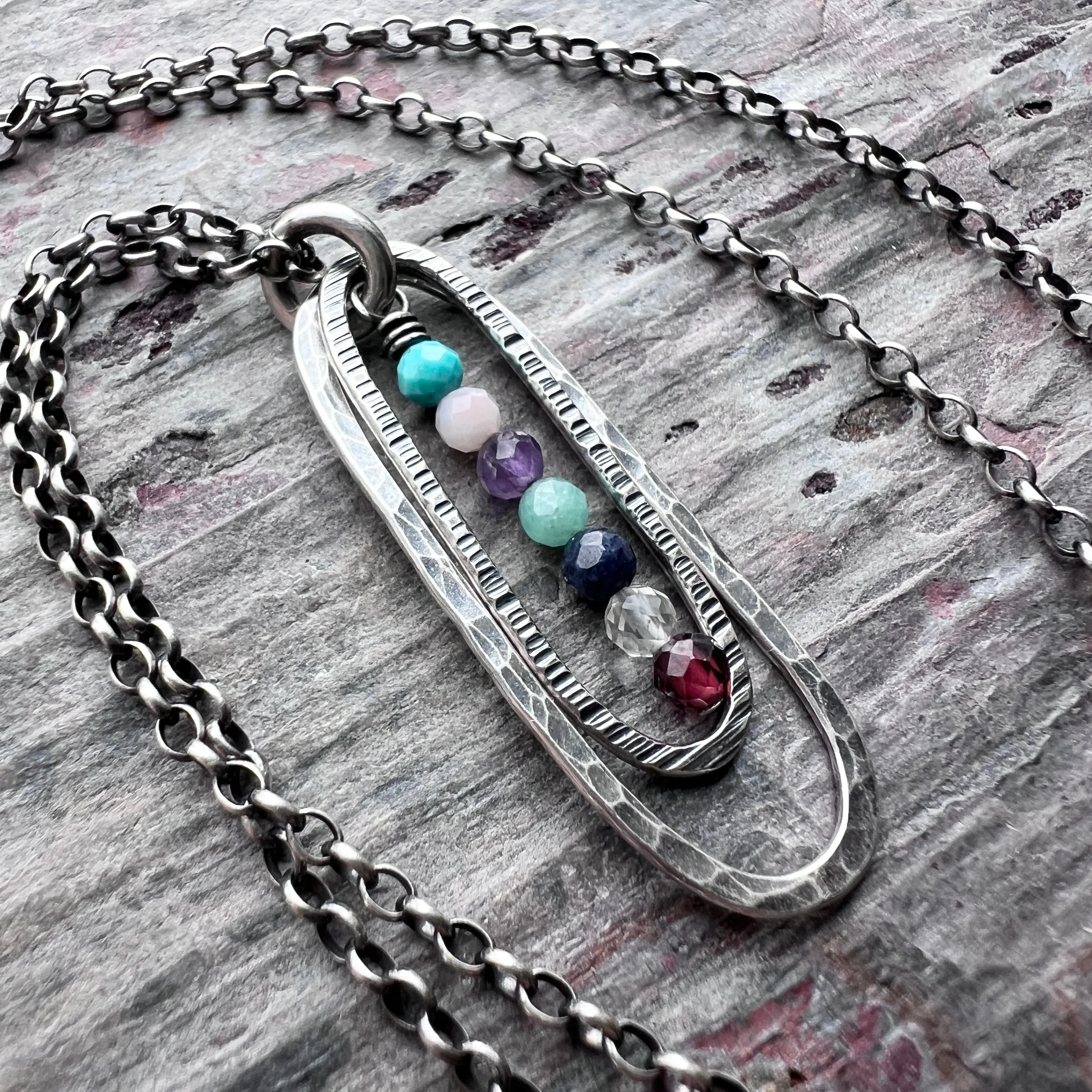 Customizable Sterling Silver Birthstone Necklace | Genuine Gemstone Hammered Long Oval Pendant