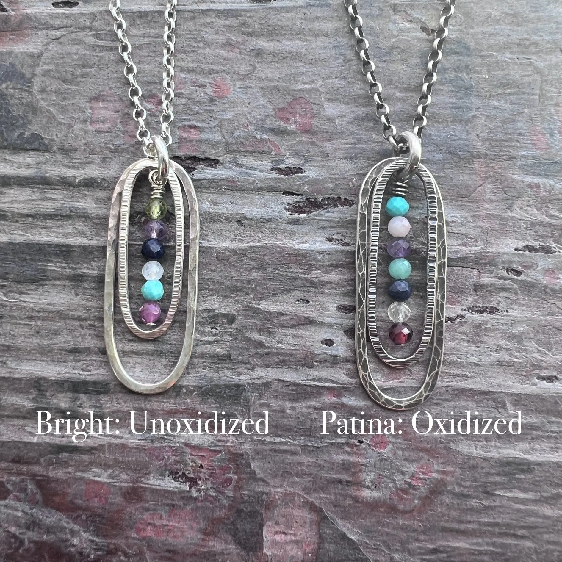 Customizable Sterling Silver Birthstone Necklace | Genuine Gemstone Hammered Long Oval Pendant