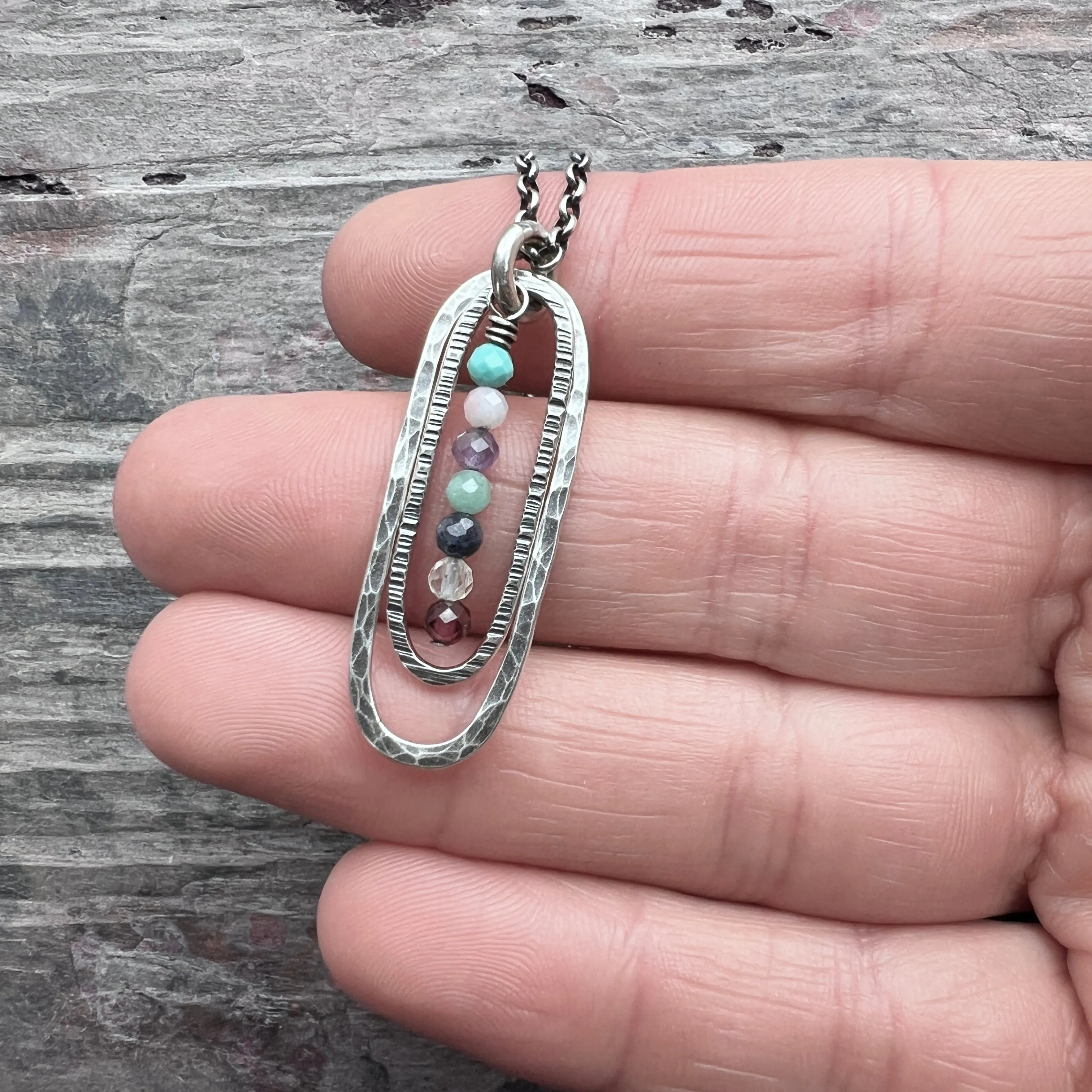 Customizable Sterling Silver Birthstone Necklace | Genuine Gemstone Hammered Long Oval Pendant