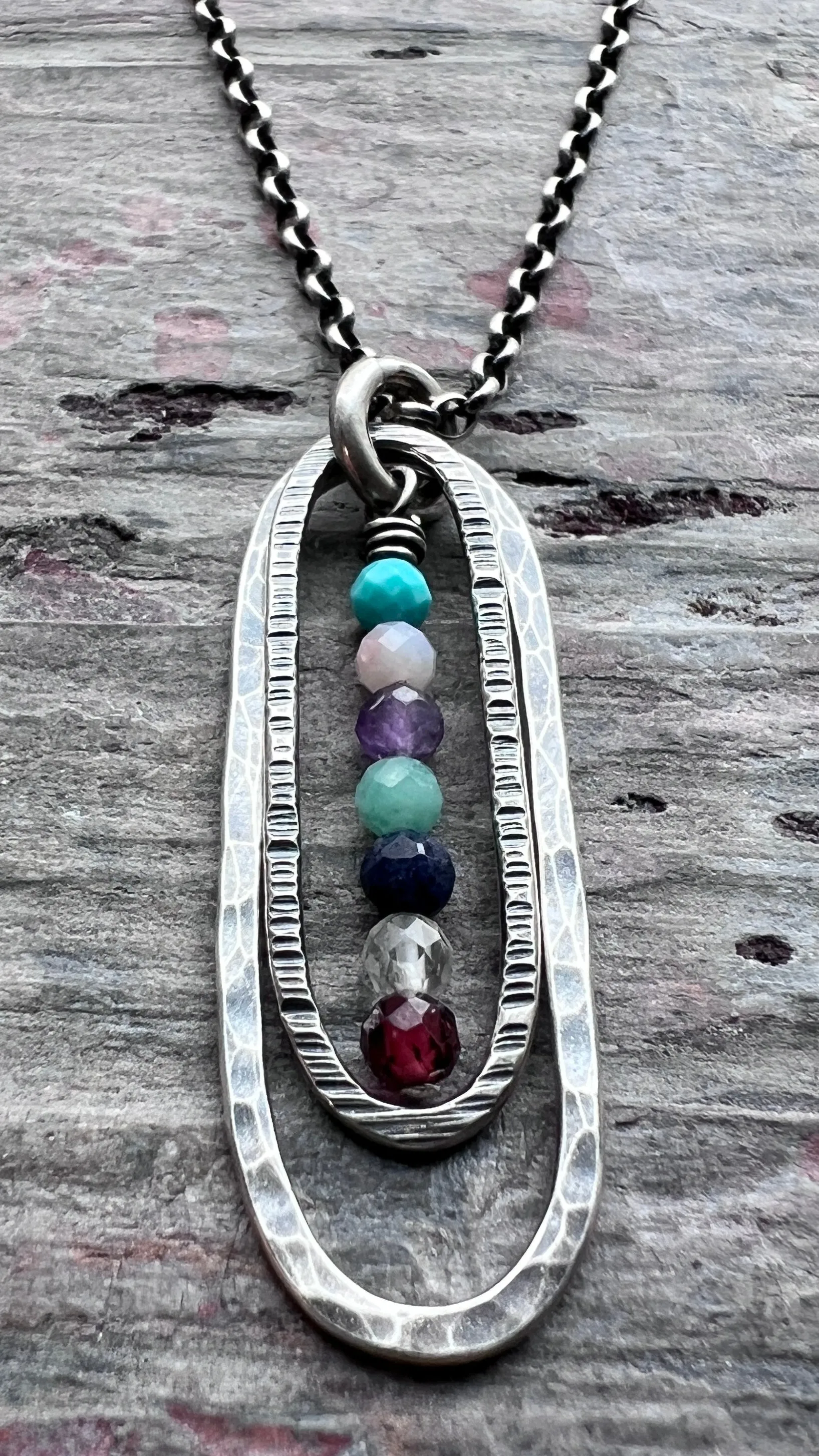 Customizable Sterling Silver Birthstone Necklace | Genuine Gemstone Hammered Long Oval Pendant