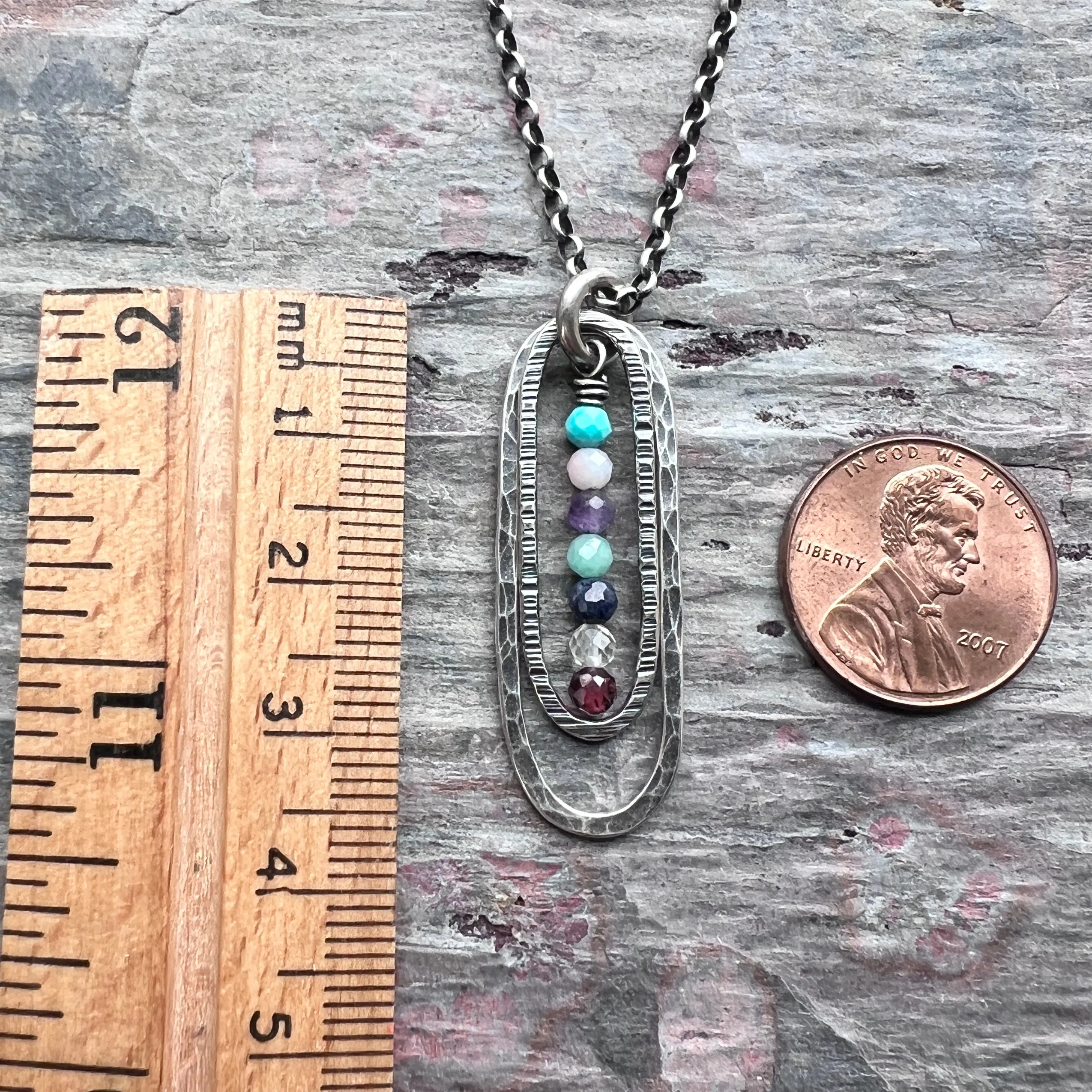 Customizable Sterling Silver Birthstone Necklace | Genuine Gemstone Hammered Long Oval Pendant