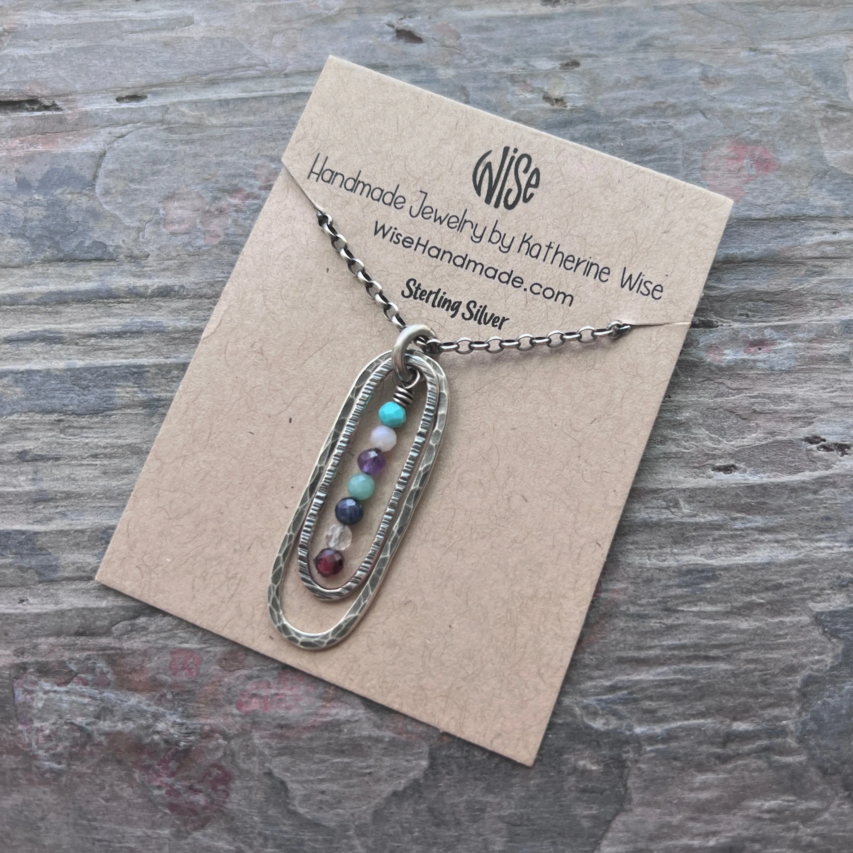 Customizable Sterling Silver Birthstone Necklace | Genuine Gemstone Hammered Long Oval Pendant