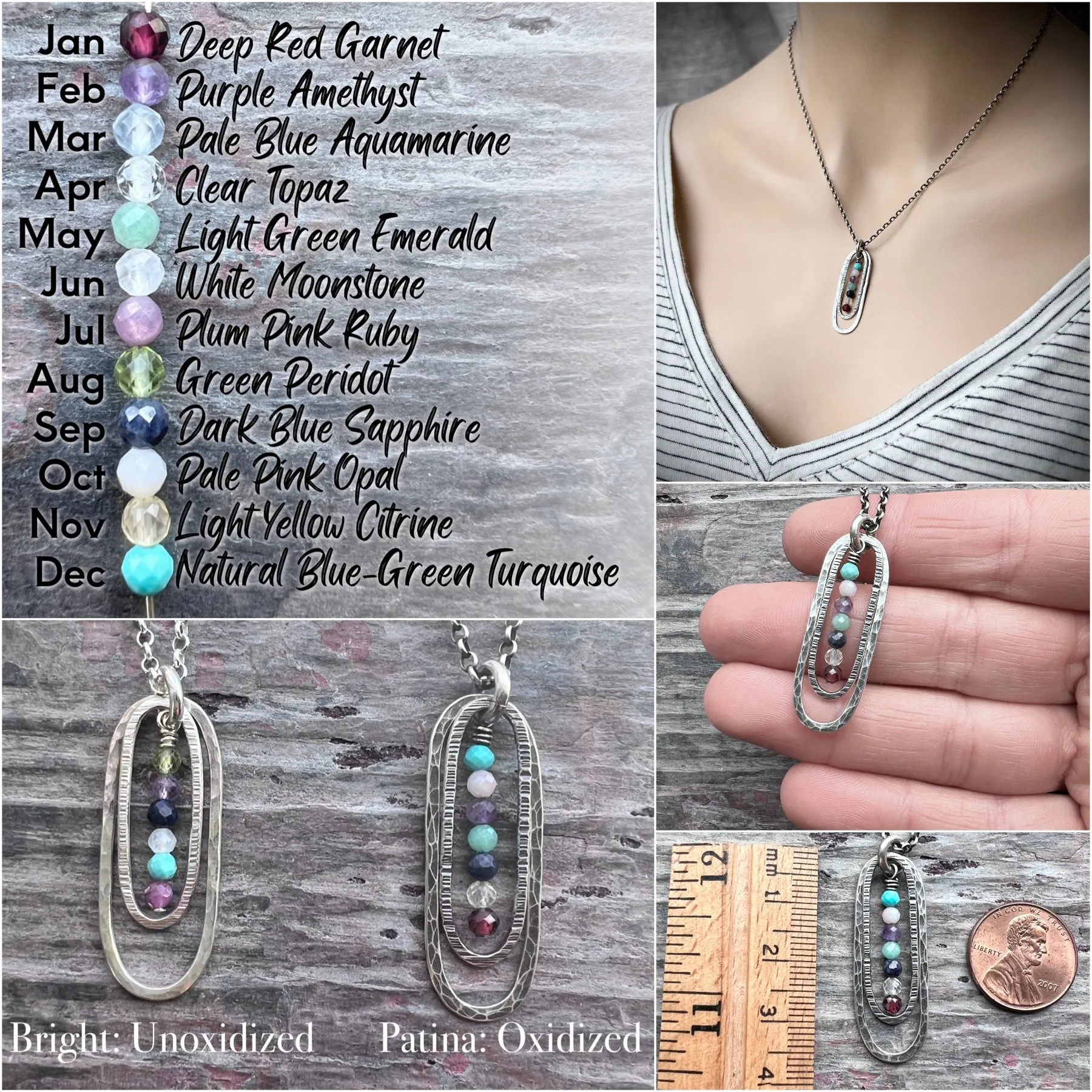 Customizable Sterling Silver Birthstone Necklace | Genuine Gemstone Hammered Long Oval Pendant