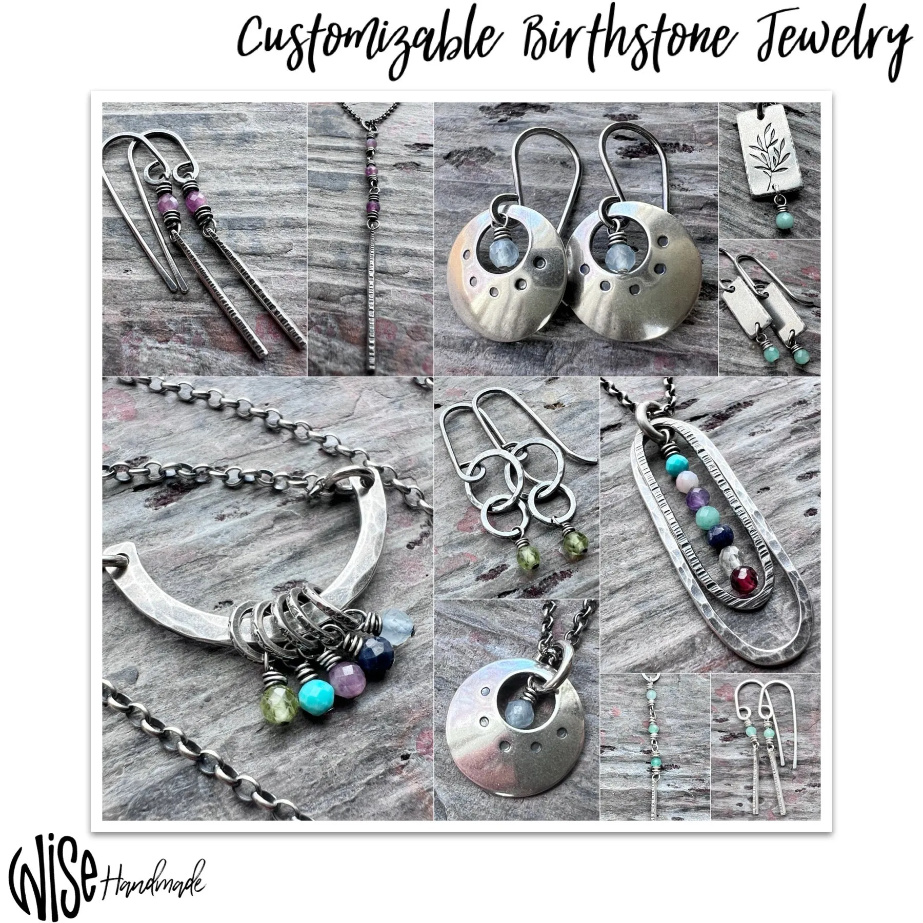 Customizable Sterling Silver Birthstone Necklace | Genuine Gemstone Hammered Long Oval Pendant