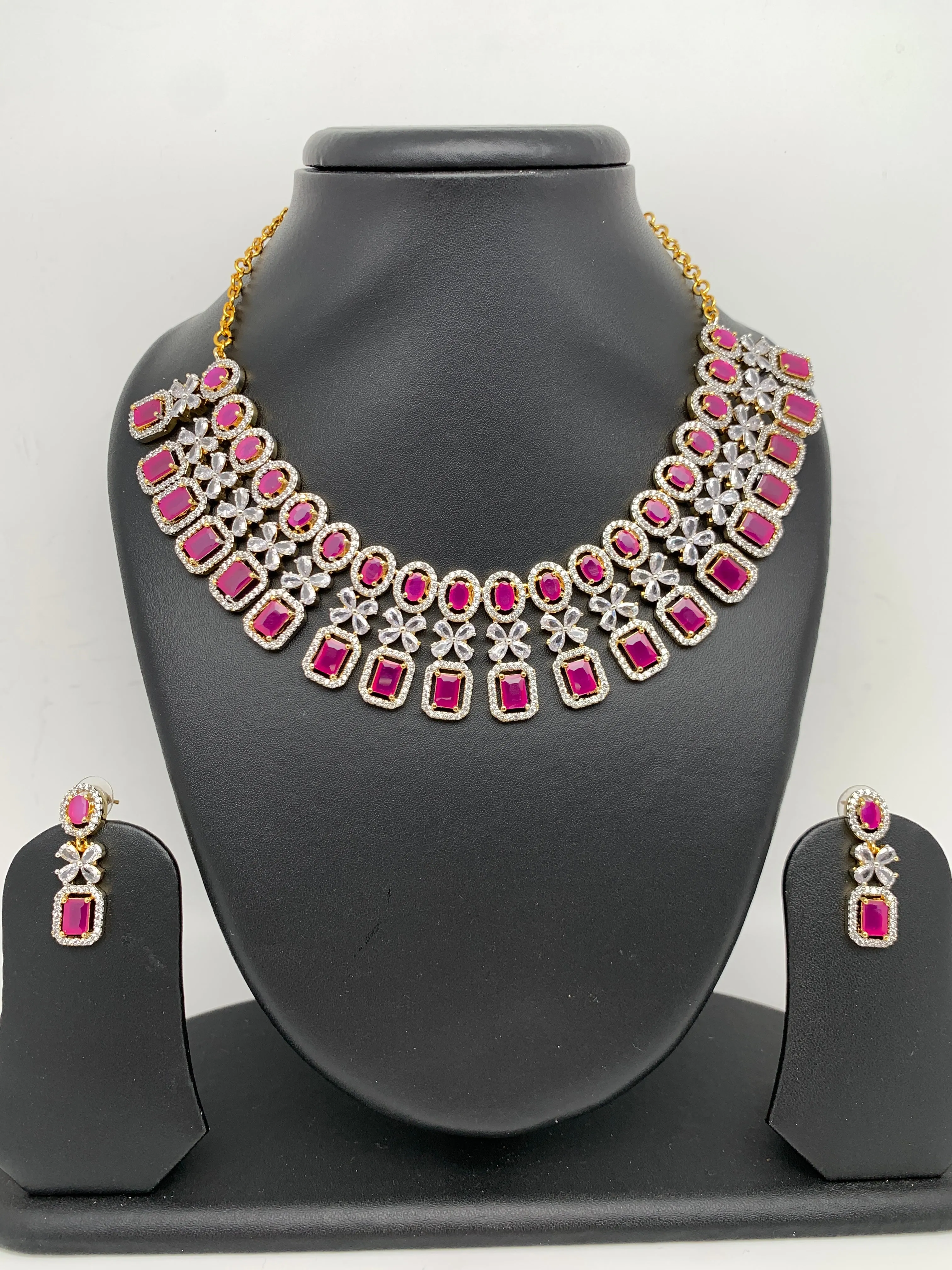 Diamond Finish American Diamond Ruby Red Stones Short Necklace