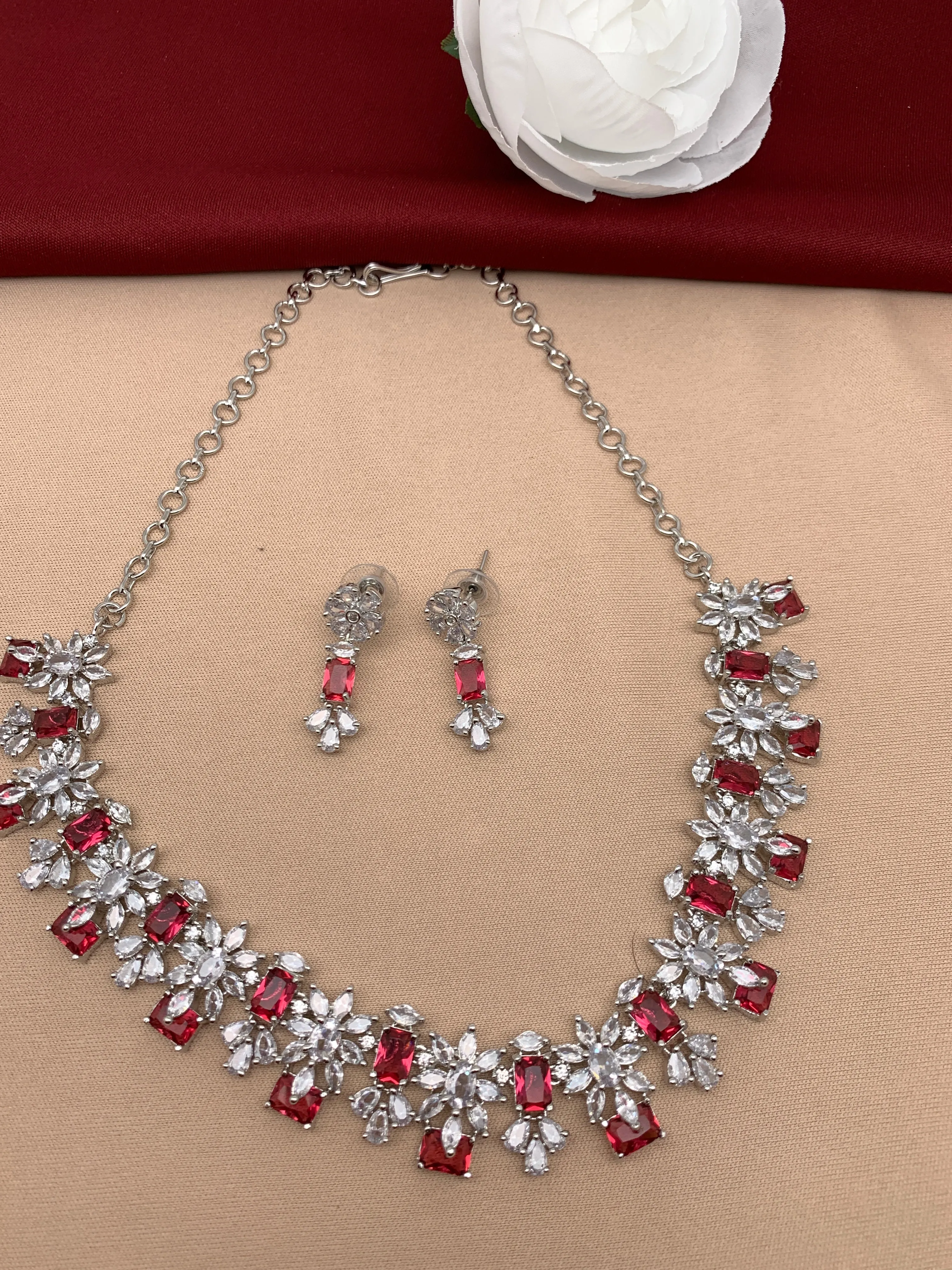Diamond Finish American Diamond Silver Polish White and Wine color Stones Short Necklace