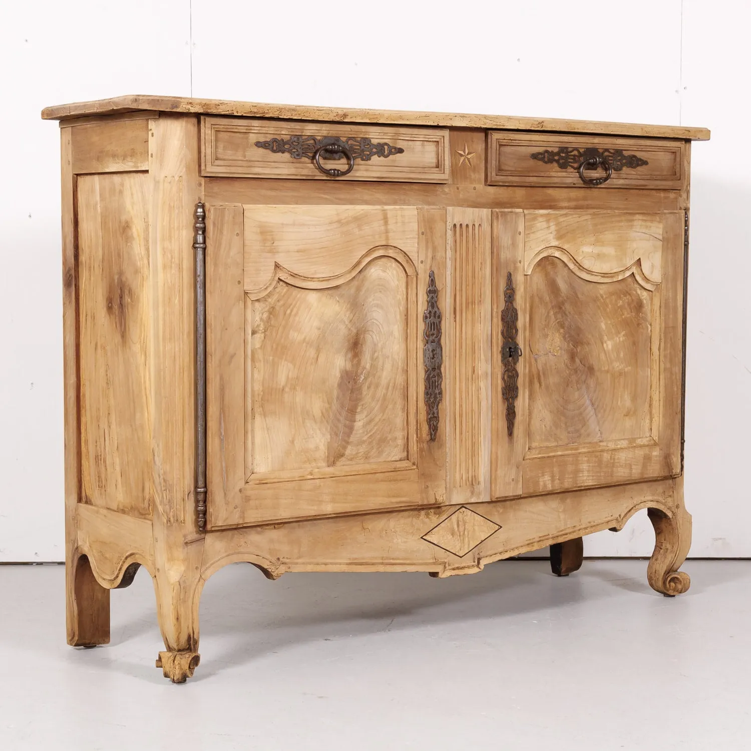 Early 19th Century French Country Louis XV Style Bleached Cherry Buffet with Fruitwood Inlay