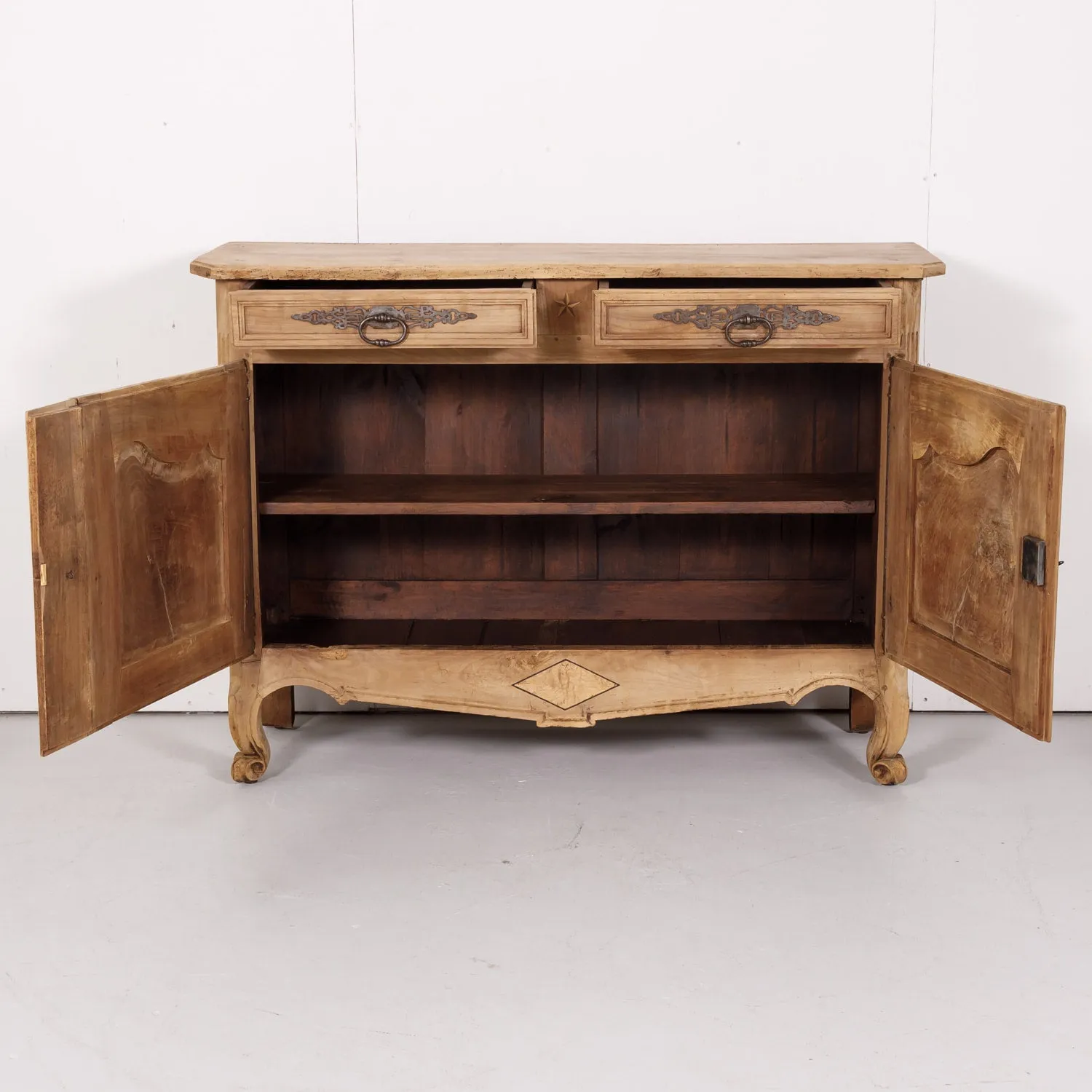 Early 19th Century French Country Louis XV Style Bleached Cherry Buffet with Fruitwood Inlay