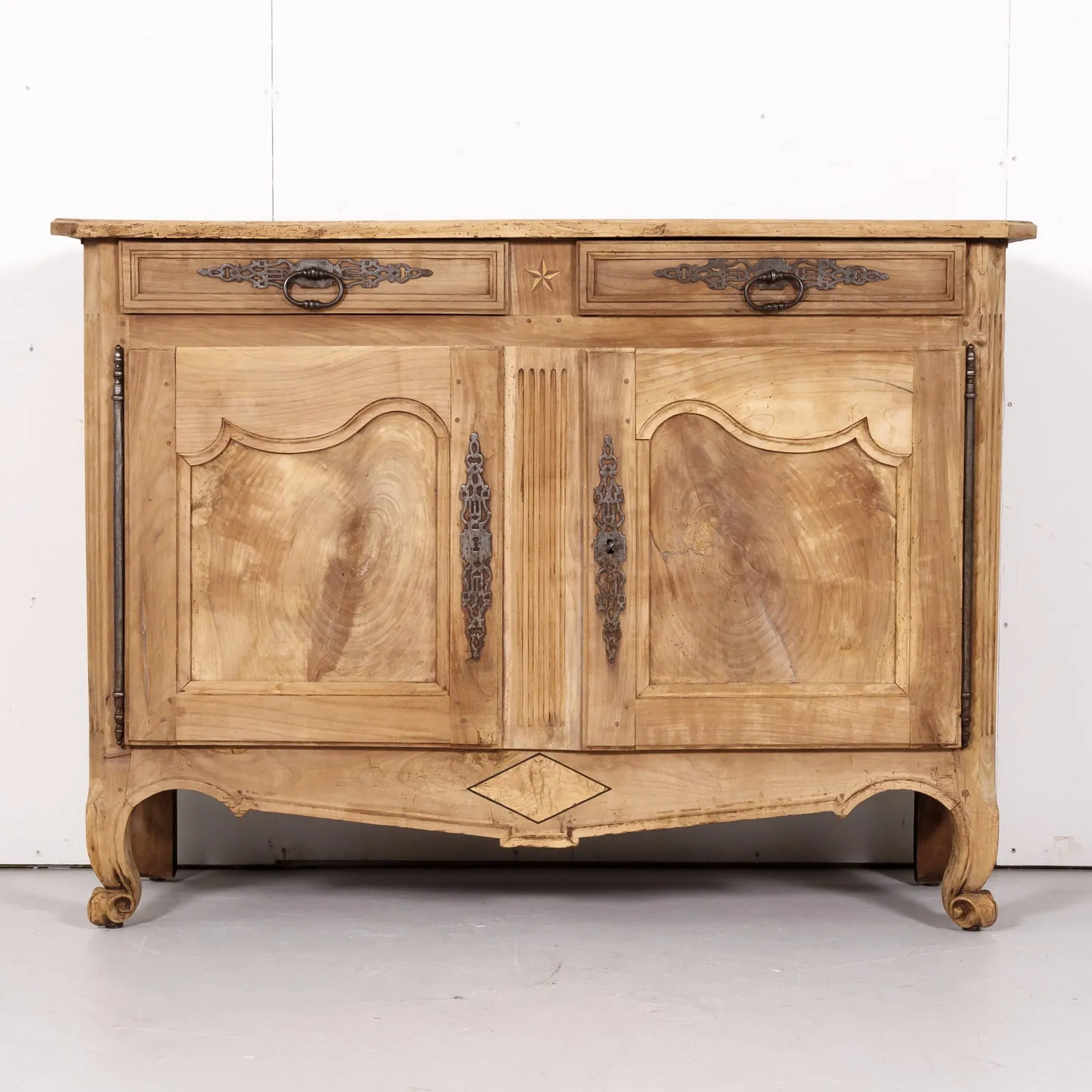 Early 19th Century French Country Louis XV Style Bleached Cherry Buffet with Fruitwood Inlay
