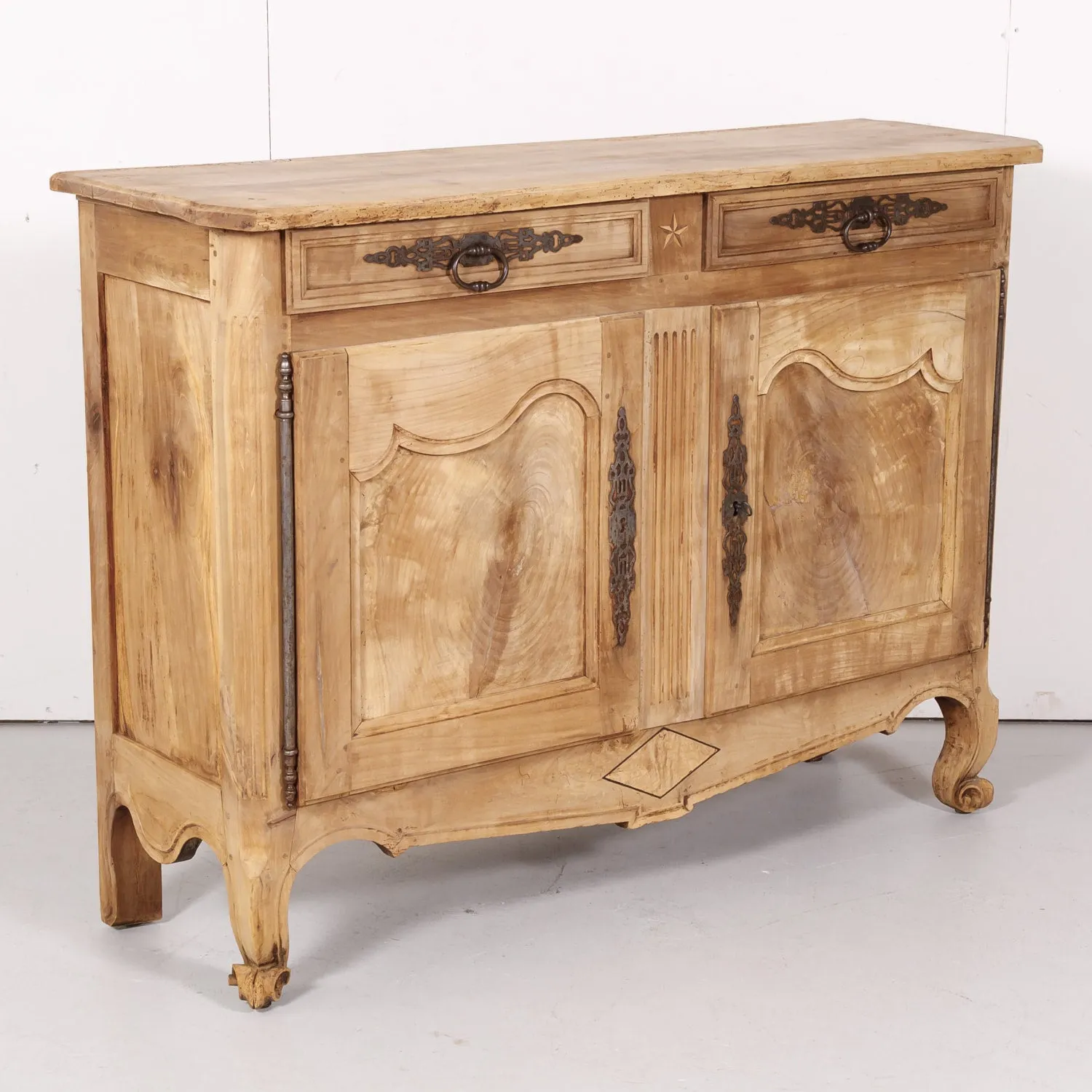 Early 19th Century French Country Louis XV Style Bleached Cherry Buffet with Fruitwood Inlay