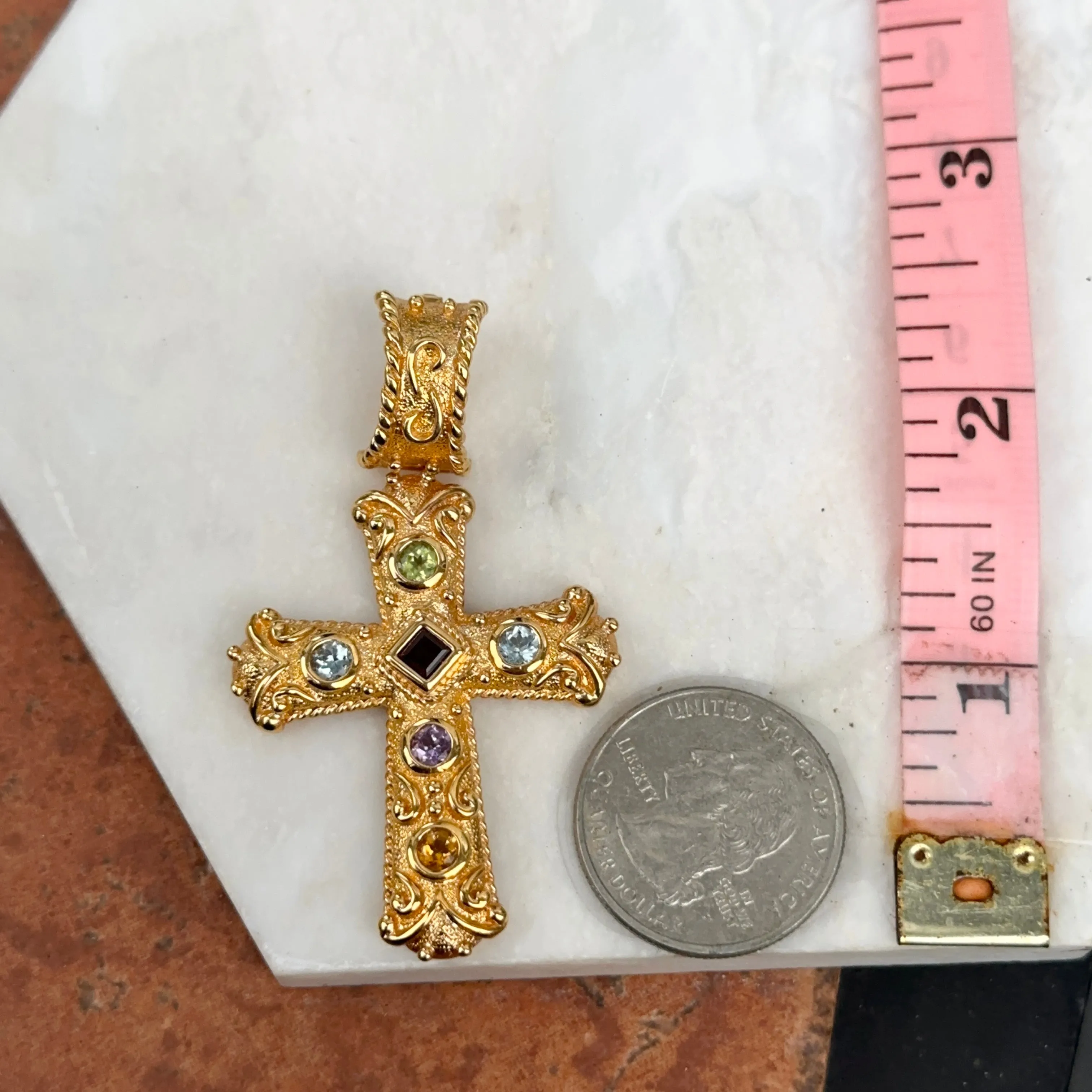 Estate Gold-Plated Sterling Silver Gemstone Byzantine Cross Pendant