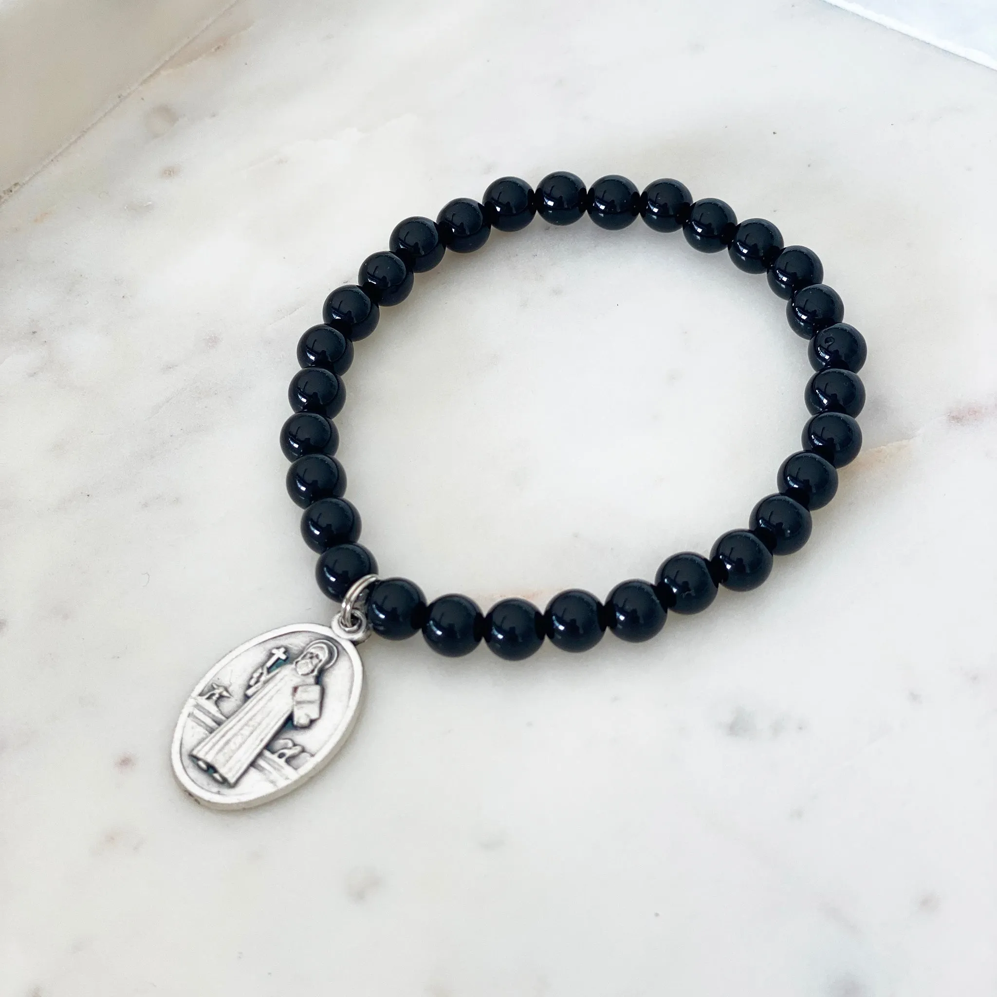 'Extra Protection' Gemstone Saint Bracelet - Black Onyx / St Benedict