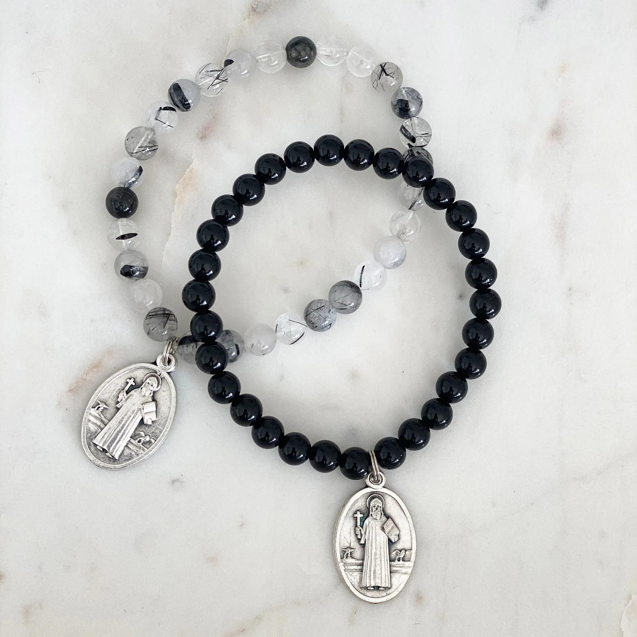 'Extra Protection' Gemstone Saint Bracelet - Black Onyx / St Benedict