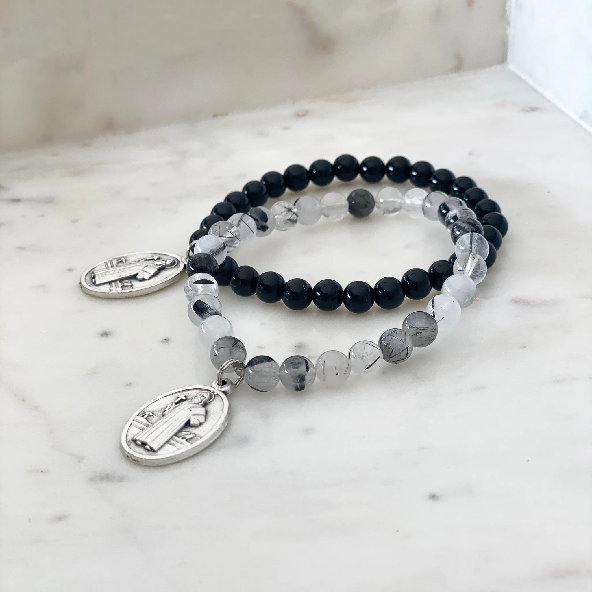 'Extra Protection' Gemstone Saint Bracelet - Black Onyx / St Benedict