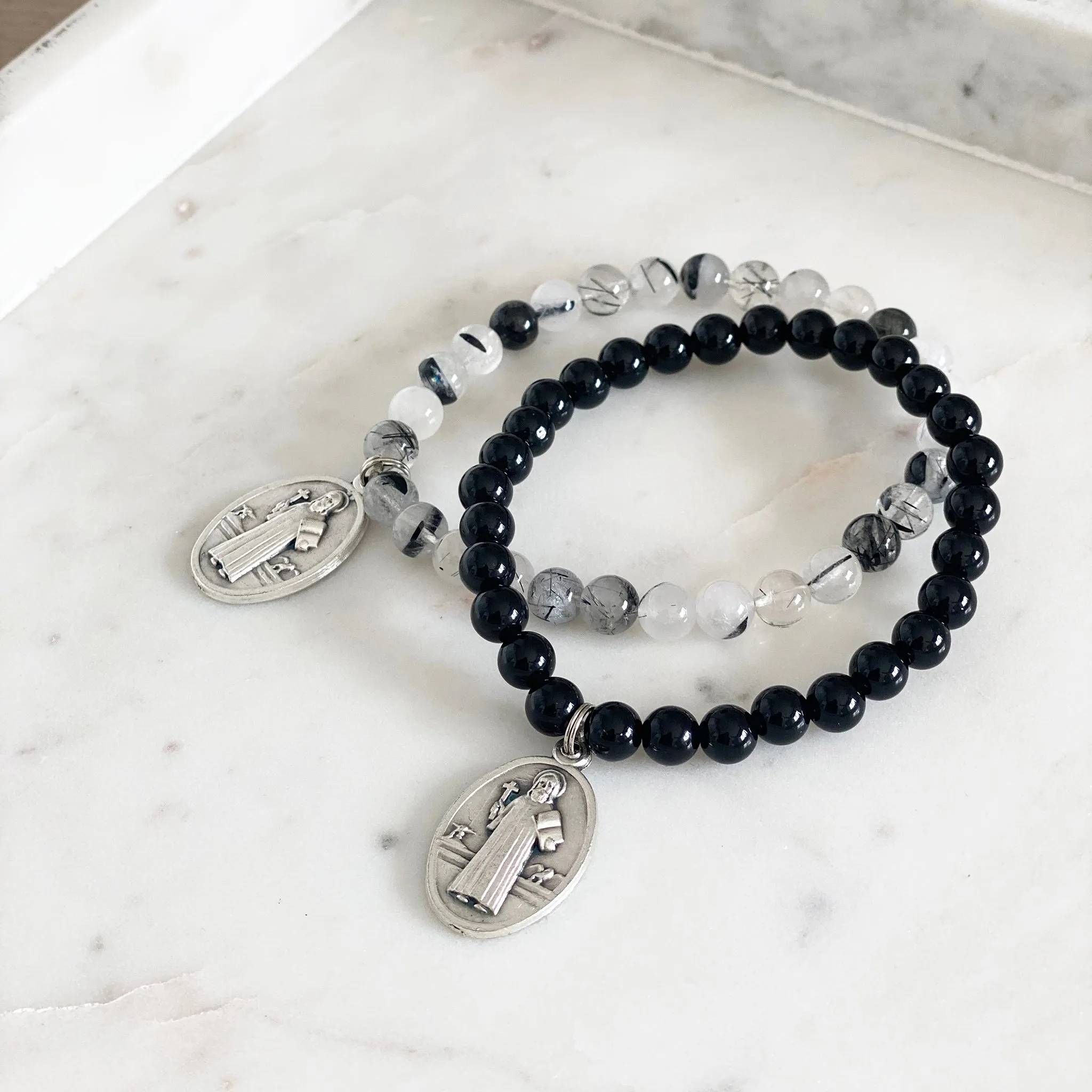 'Extra Protection' Gemstone Saint Bracelet - Black Onyx / St Benedict