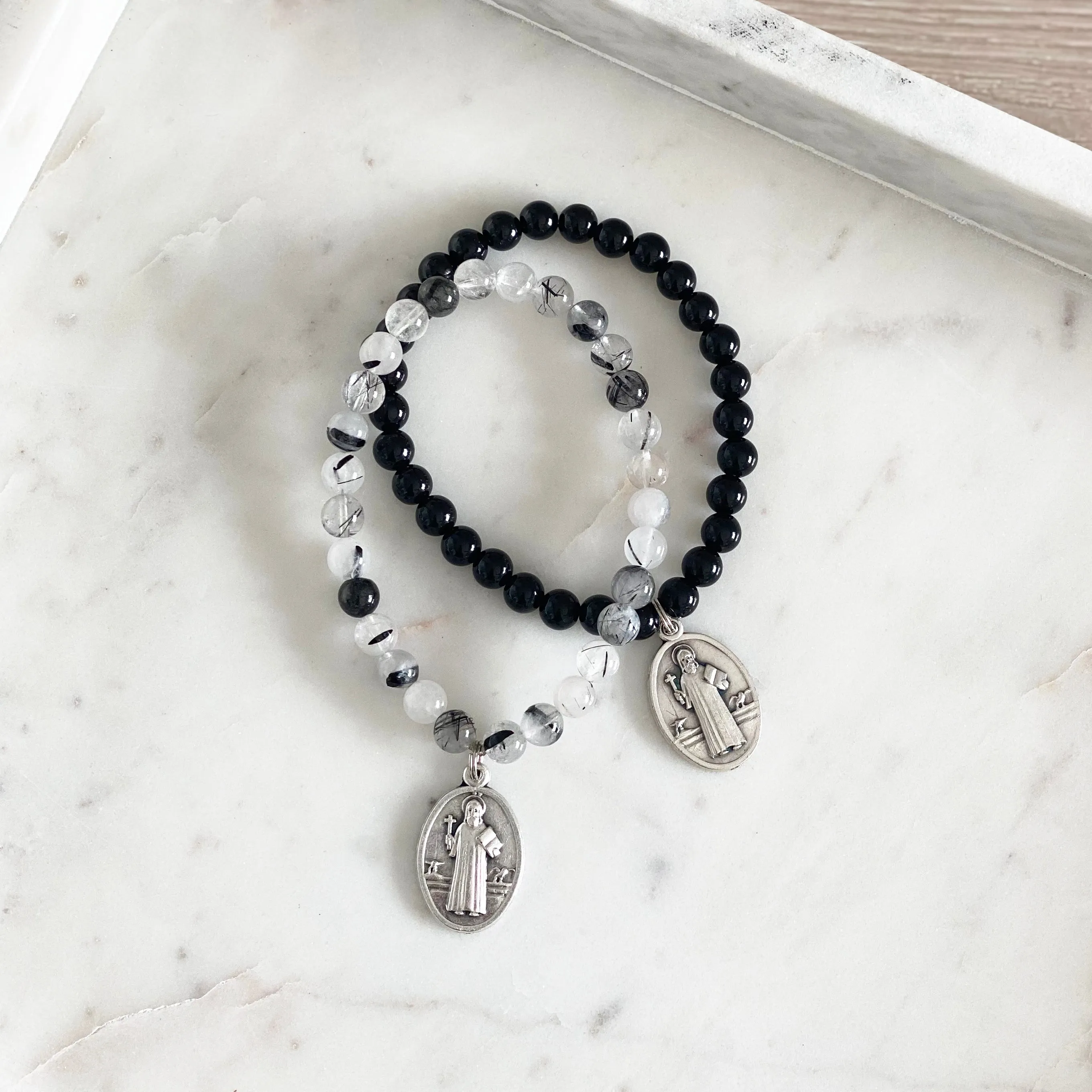 'Extra Protection' Gemstone Saint Bracelet - Black Onyx / St Benedict