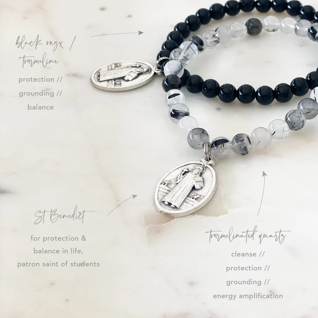'Extra Protection' Gemstone Saint Bracelet - Black Onyx / St Benedict