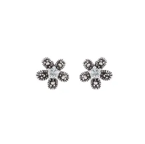 Flower Stud Earrings in Blue Topaz, Marcasite and Sterling Silver