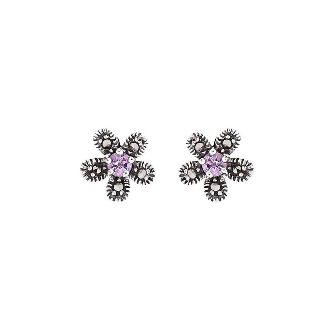 Flower Stud Earrings in Blue Topaz, Marcasite and Sterling Silver